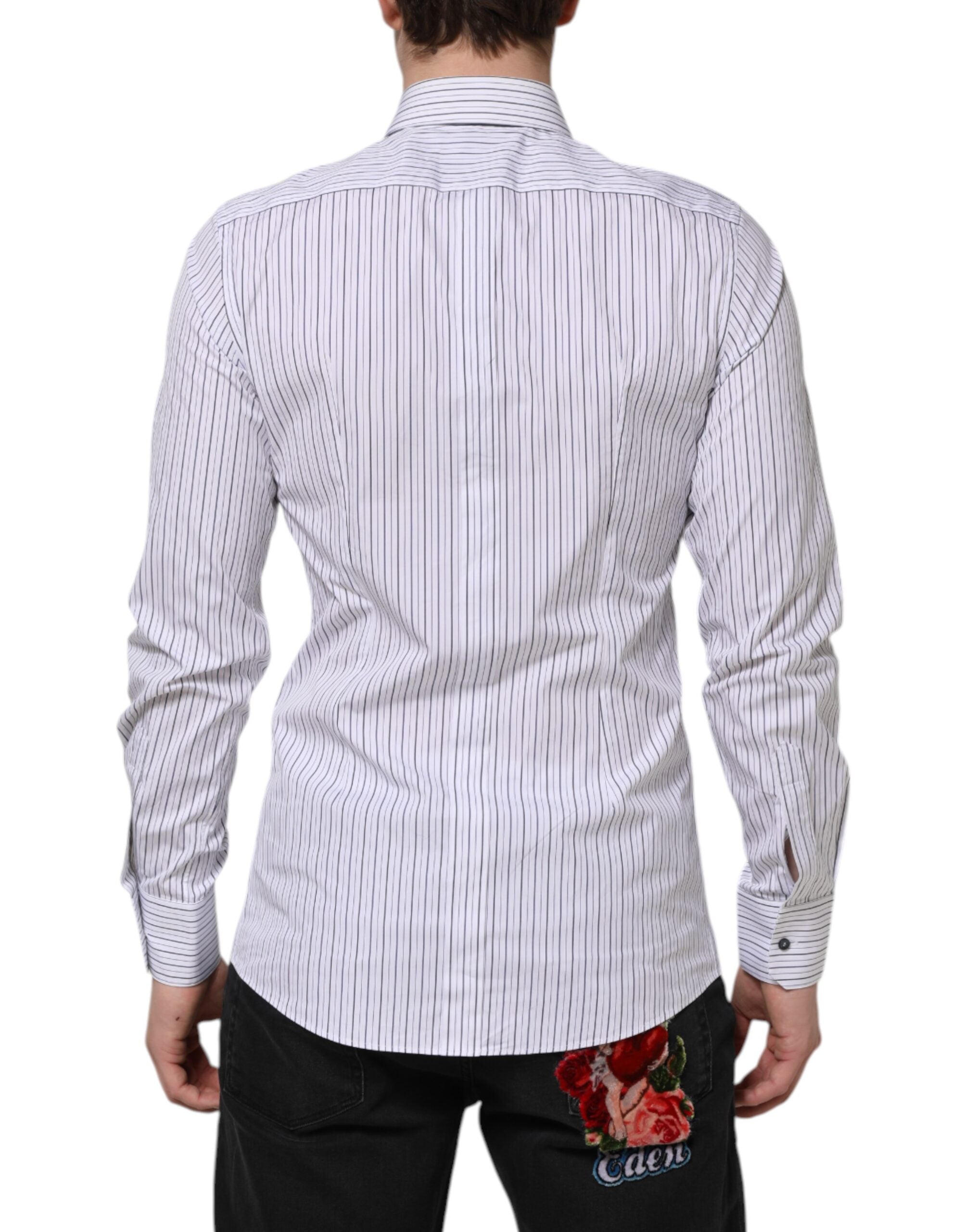 Dolce & Gabbana White Blue Striped Cotton GOLD Formal Men's Shirt