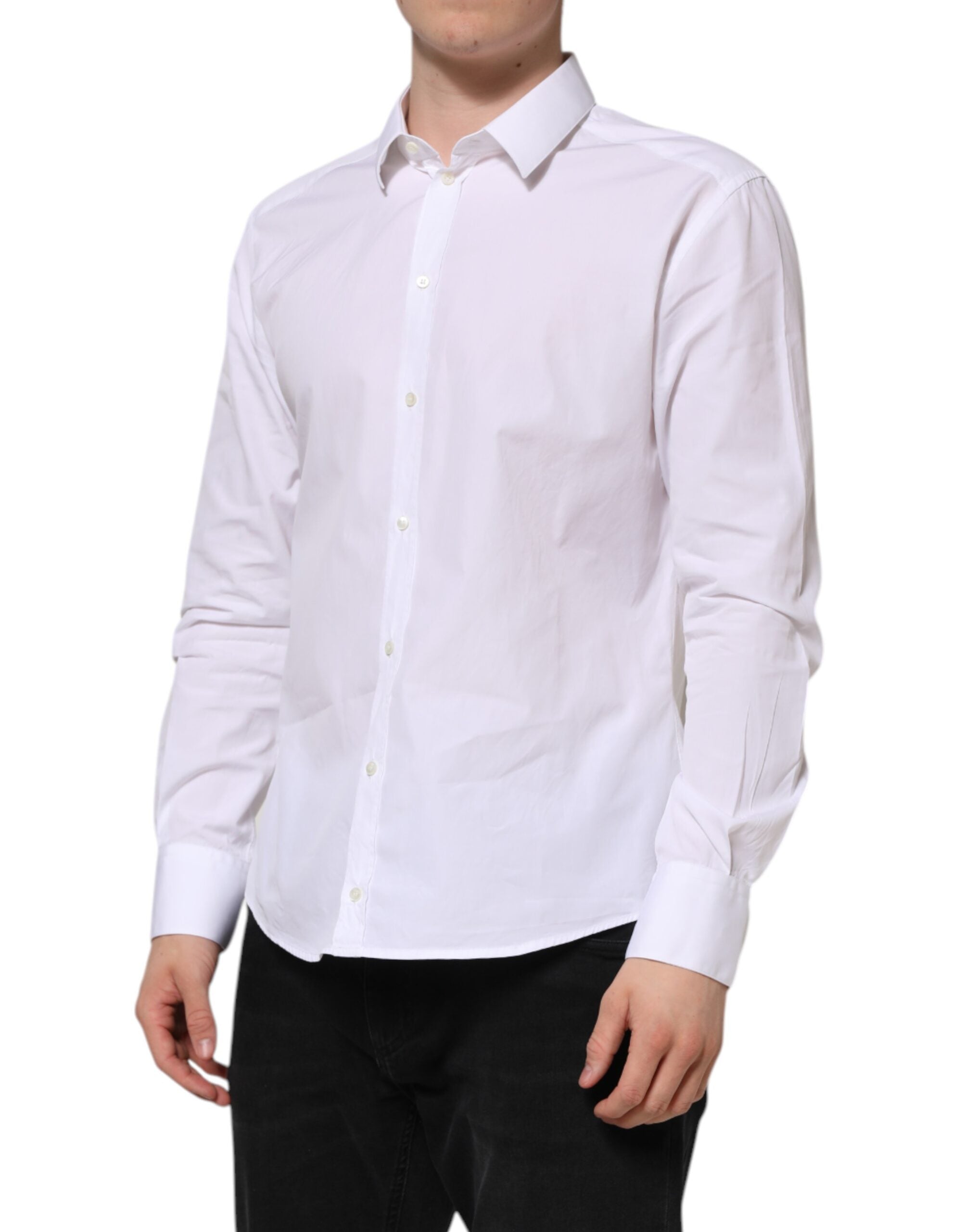 Dolce & Gabbana White Cotton Long Sleeves GOLD Formal Men's Shirt (Pre-Owned)