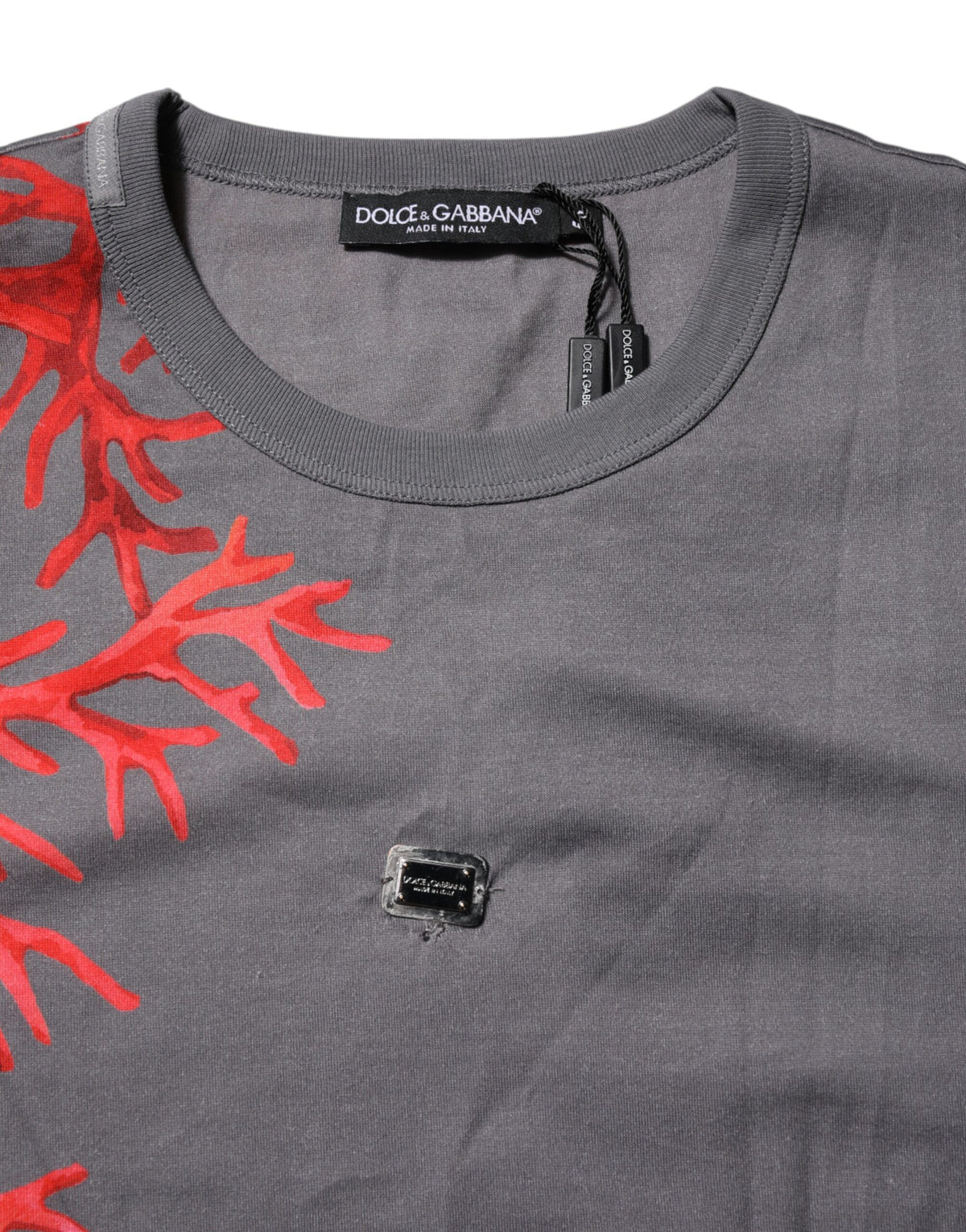 Dolce & Gabbana Gray Cotton Coral Print Logo Plaque Men's T-shirt