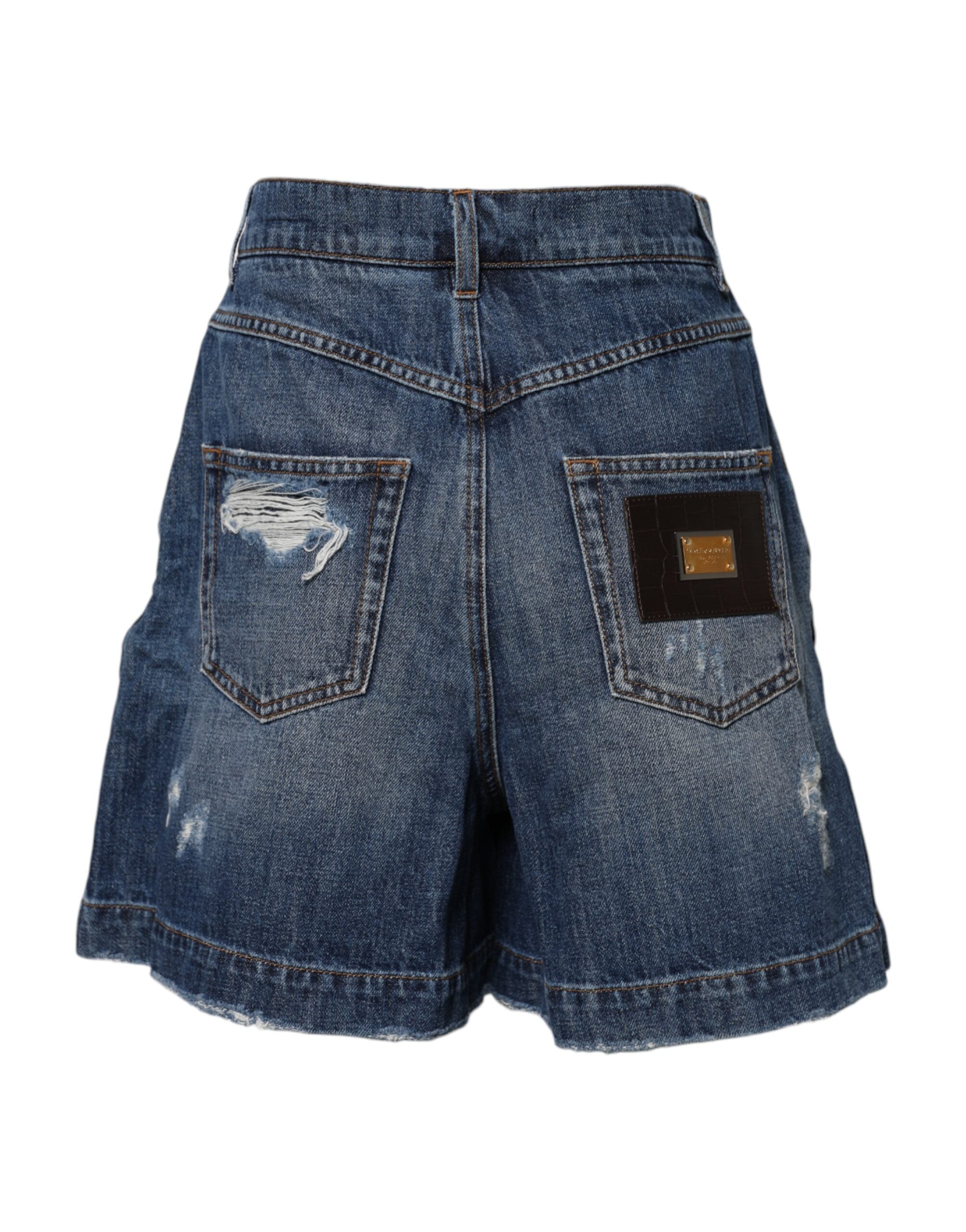 Dolce & Gabbana Blue Cotton Tattered Denim Bermuda Women's Shorts
