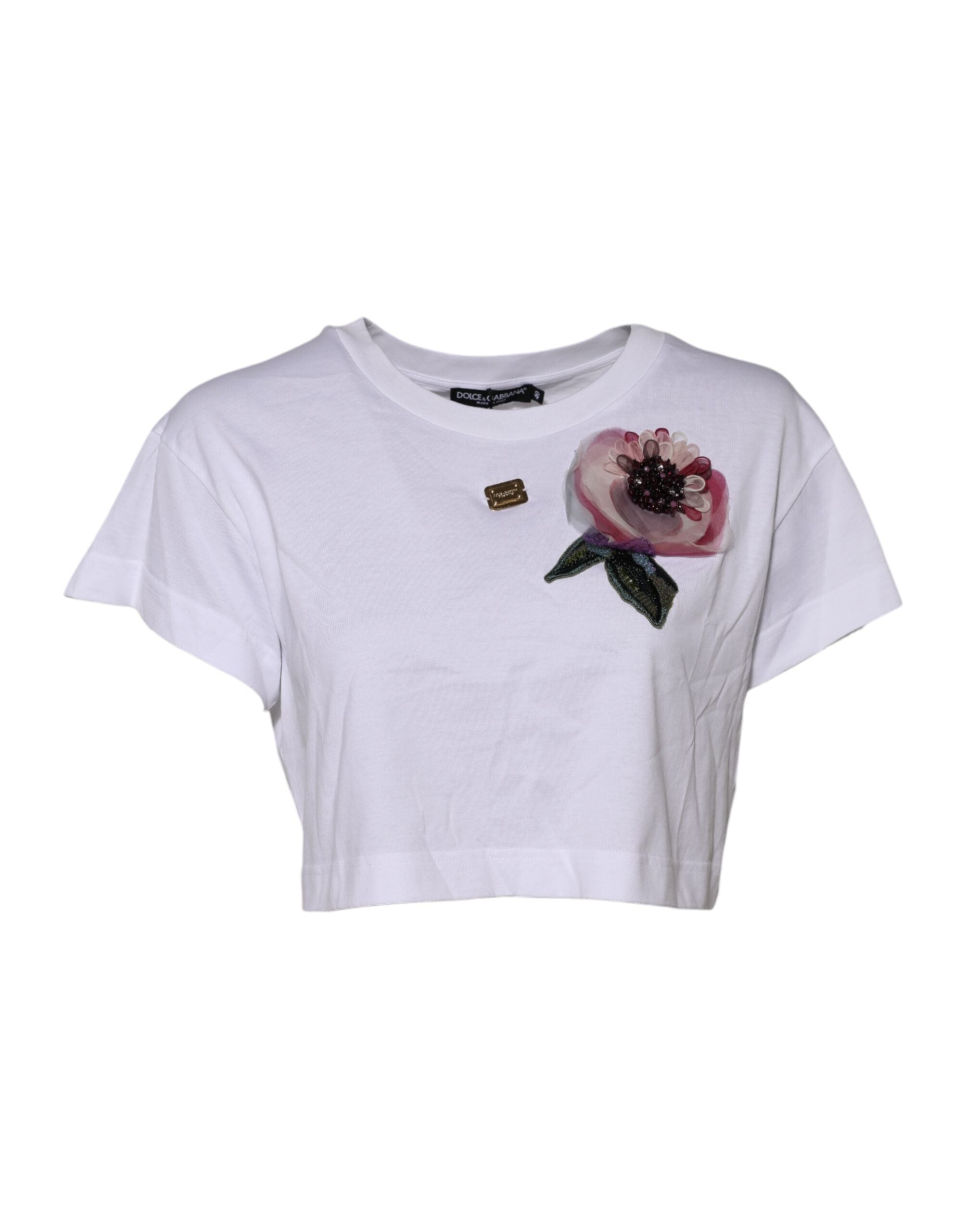 Dolce & Gabbana White Floral Lace DG Detailing Cropped Women's T-shirt (Pre-Owned)