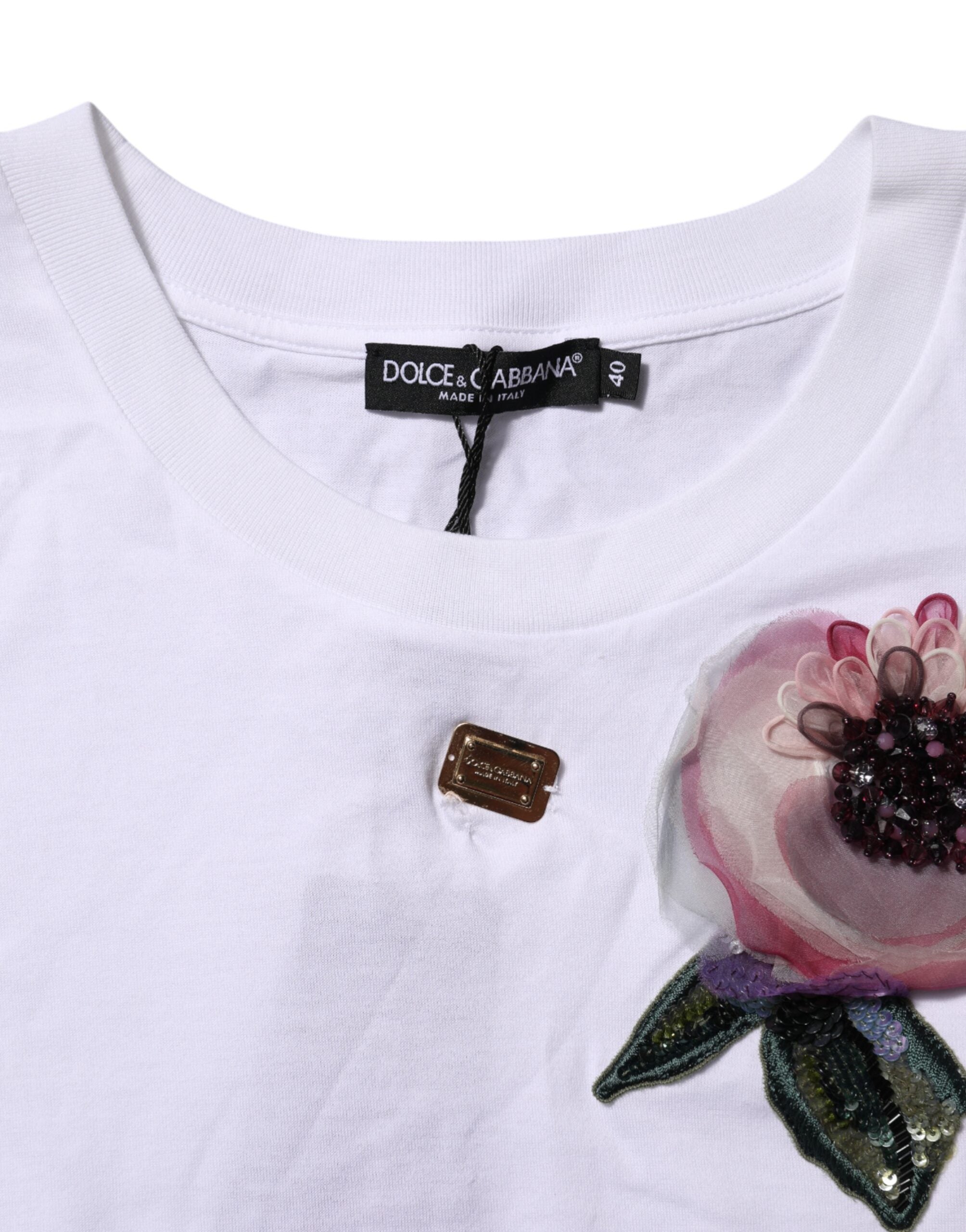Dolce & Gabbana White Floral Lace DG Detailing Cropped Women's T-shirt (Pre-Owned)