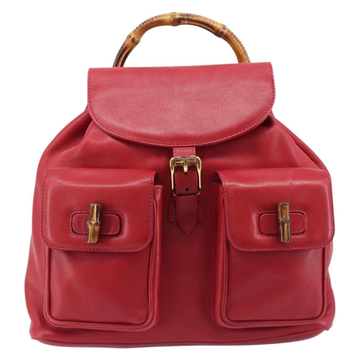 Gucci Vintage Bamboo Leather Red Leather Backpack Bag (Pre-Owned)