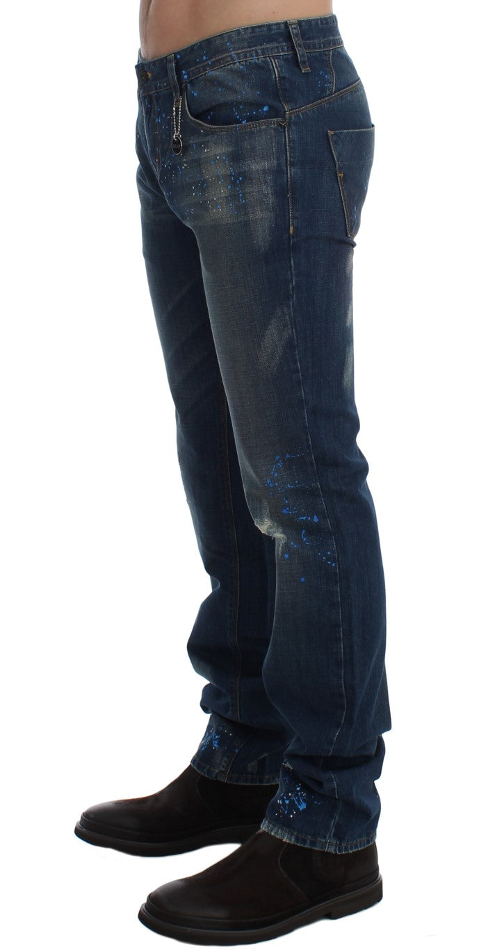 Costume National Blue Wash Paint Slim Fit Pants Men's Jeans