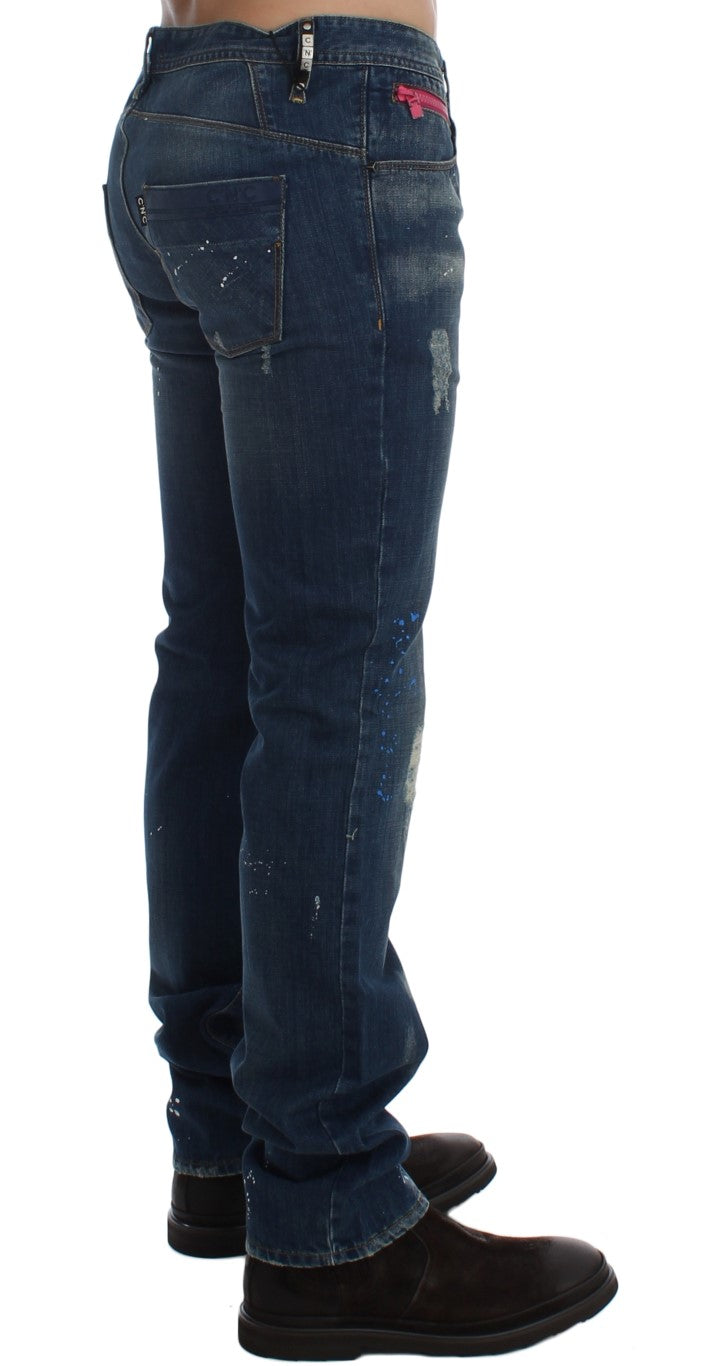 Costume National Blue Wash Paint Slim Fit Pants Men's Jeans