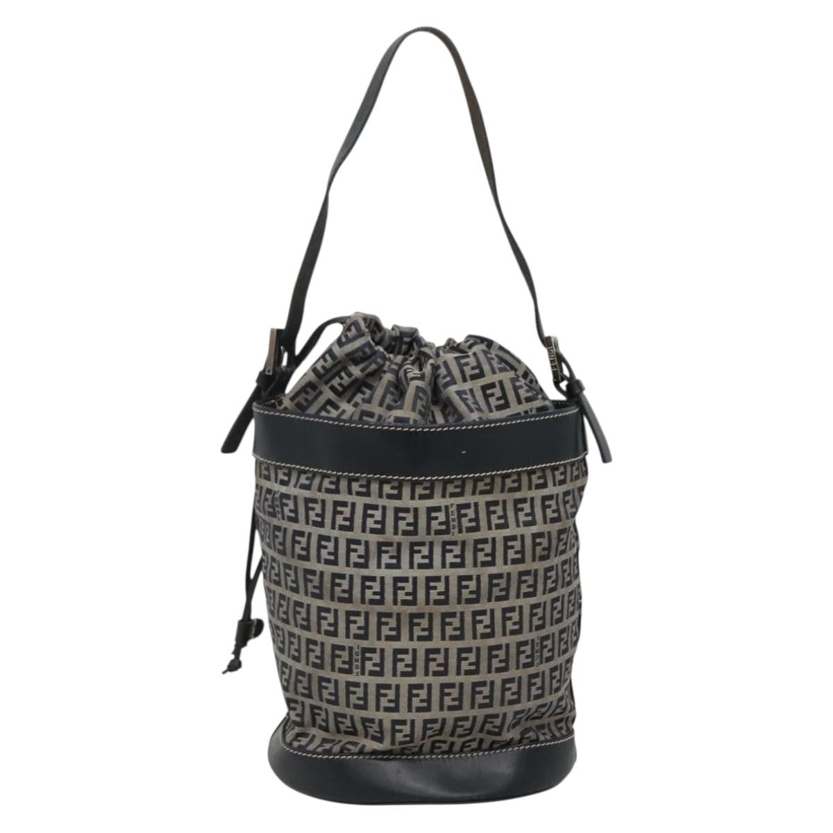 Fendi Ff Logo Mon Tresor Bucket Printed Shearling With Leather Navy Canvas Shoulder Bag Bag (Pre-Owned)
