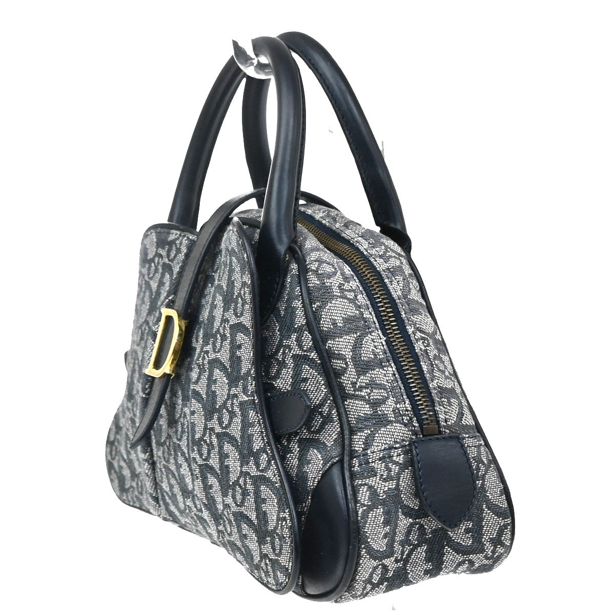 Christian Dior Vintage Saddle Bowler Diorissimo Canvas Navy Canvas Handbag (Pre-Owned)