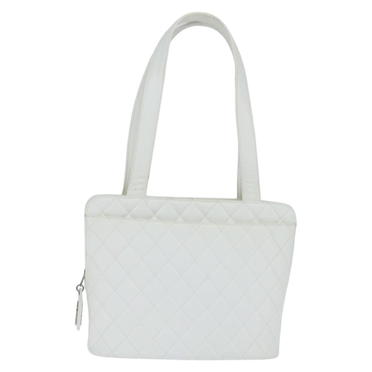 Chanel Vintage Cc Zip Around Bowler Quilted Caviar White Leather Tote Bag Bag (Pre-Owned)
