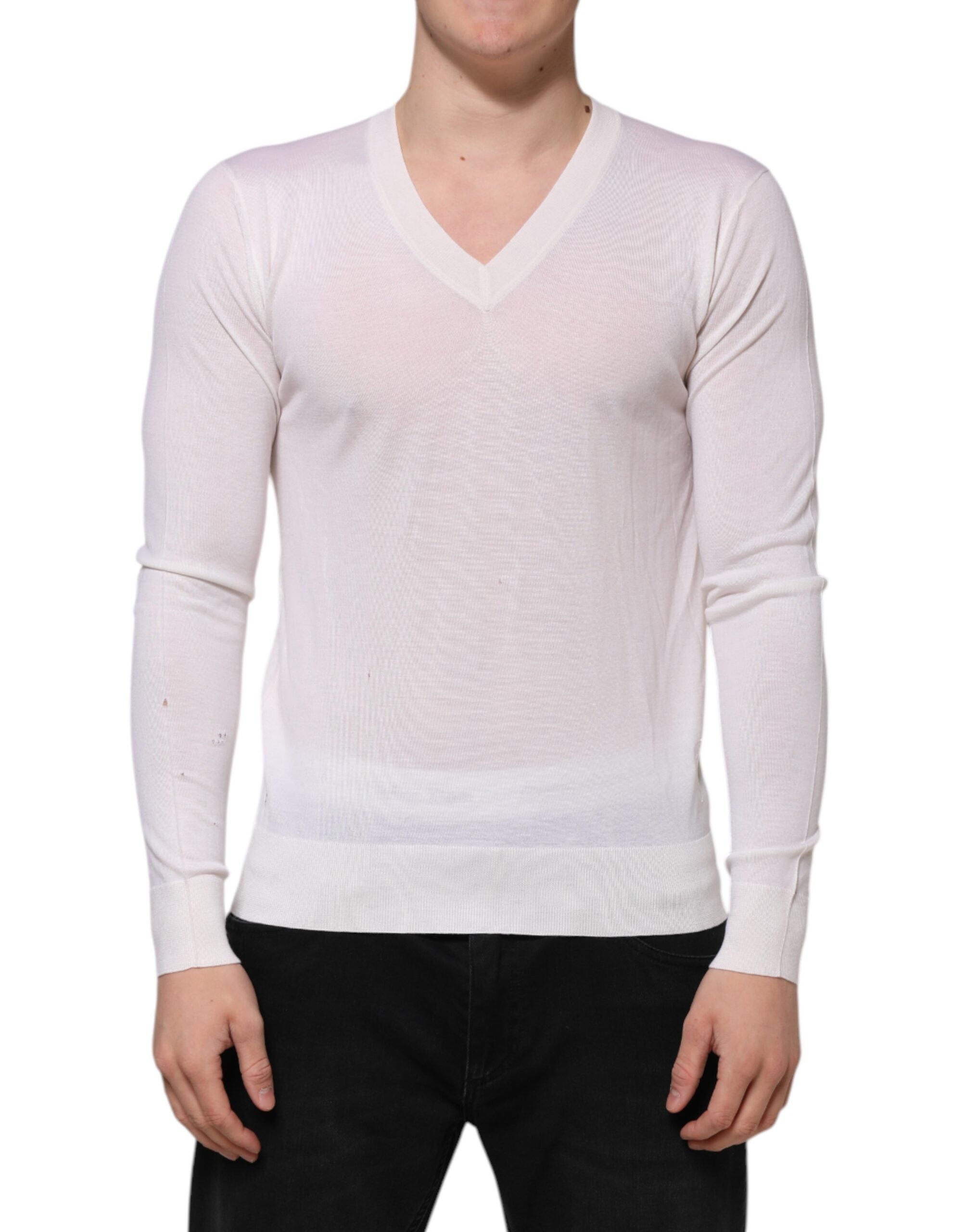 Dolce & Gabbana White Cashmere Logo V-neck Pullover Men's Sweater (Pre-Owned)