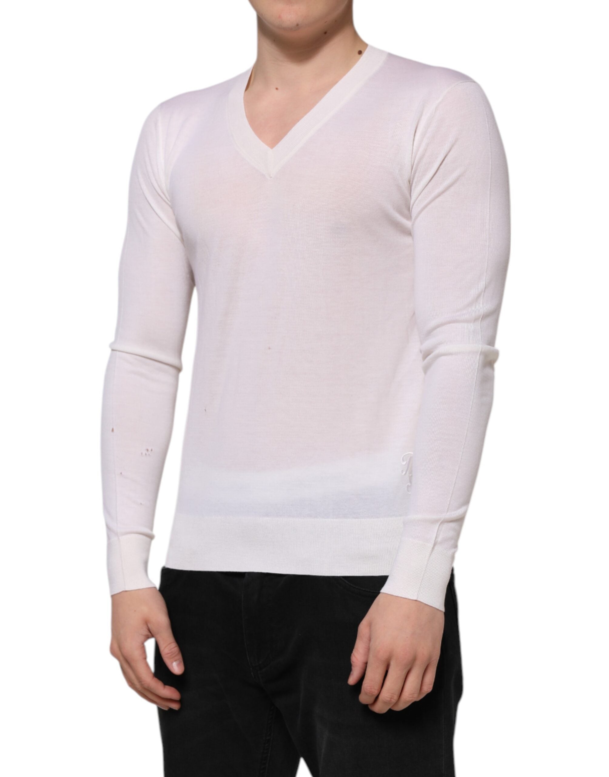 Dolce & Gabbana White Cashmere Logo V-neck Pullover Men's Sweater (Pre-Owned)