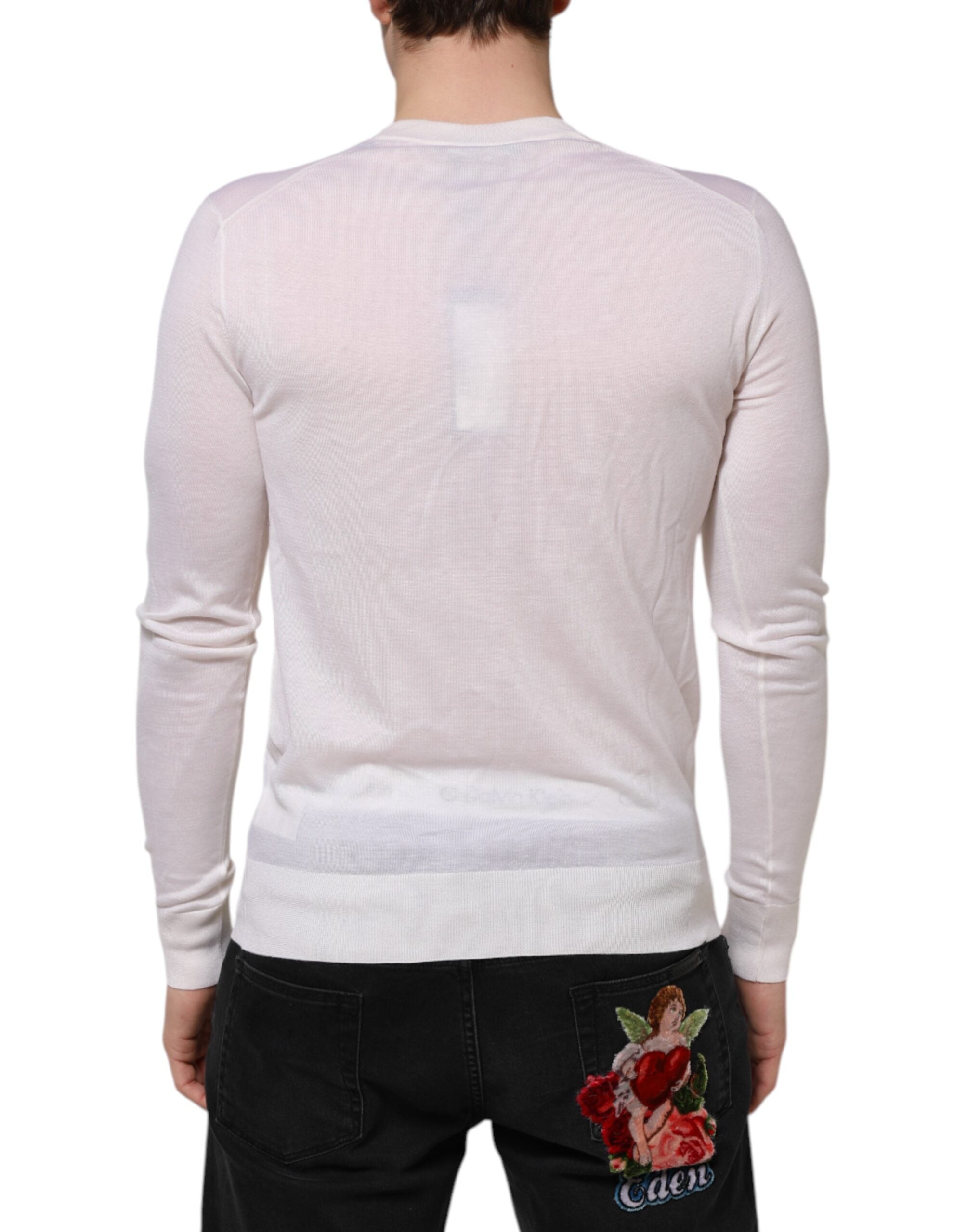 Dolce & Gabbana White Cashmere Logo V-neck Pullover Men's Sweater (Pre-Owned)