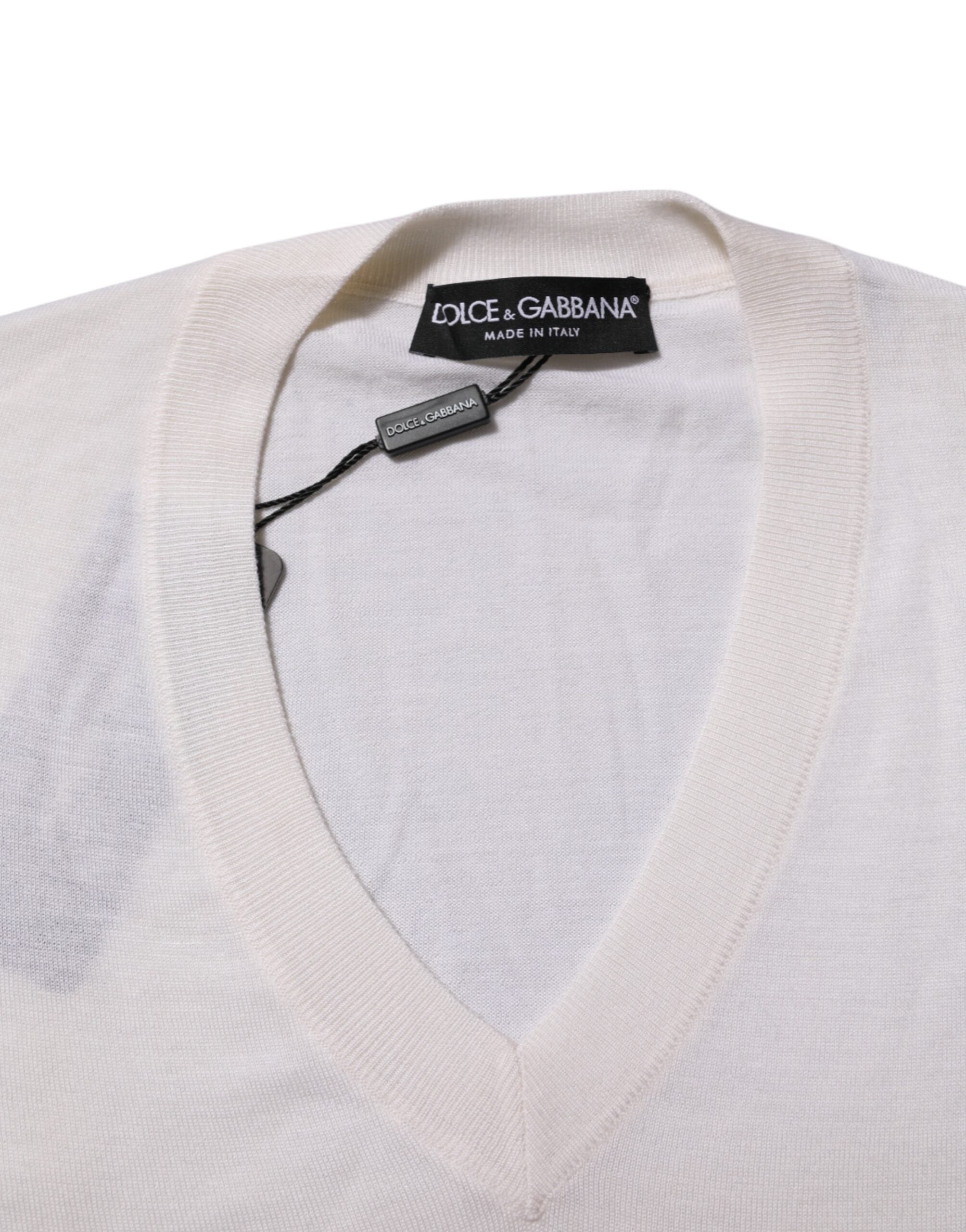 Dolce & Gabbana White Cashmere Logo V-neck Pullover Men's Sweater (Pre-Owned)