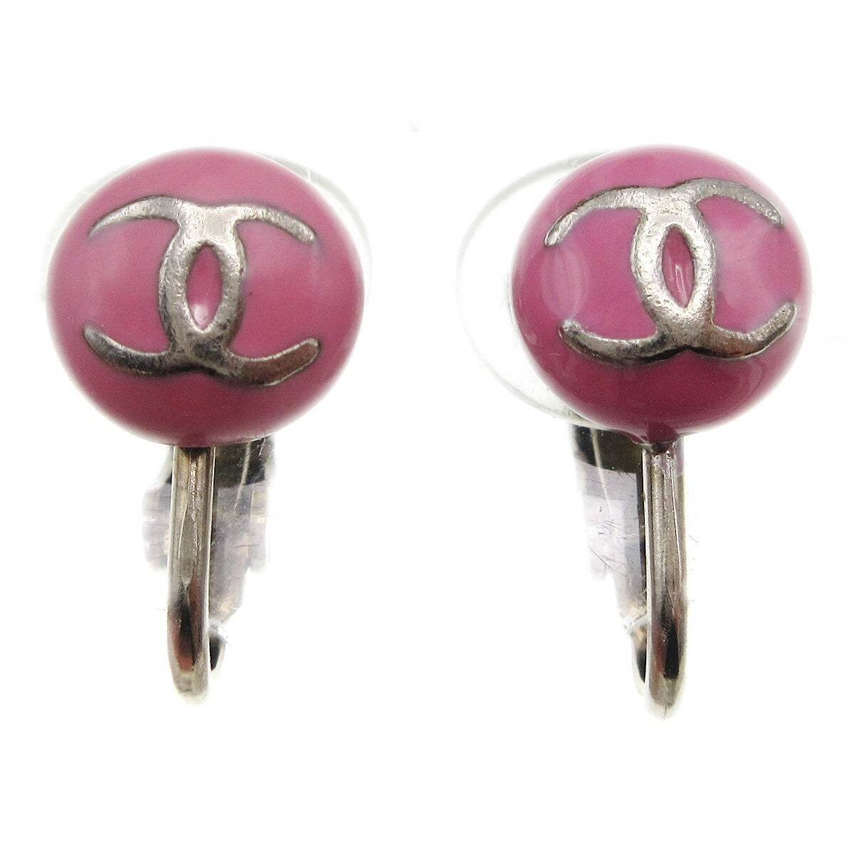 Chanel Cc Round Clip-On Enamel With Metal Pink Plastic Earrings Jewelry (Pre-Owned)