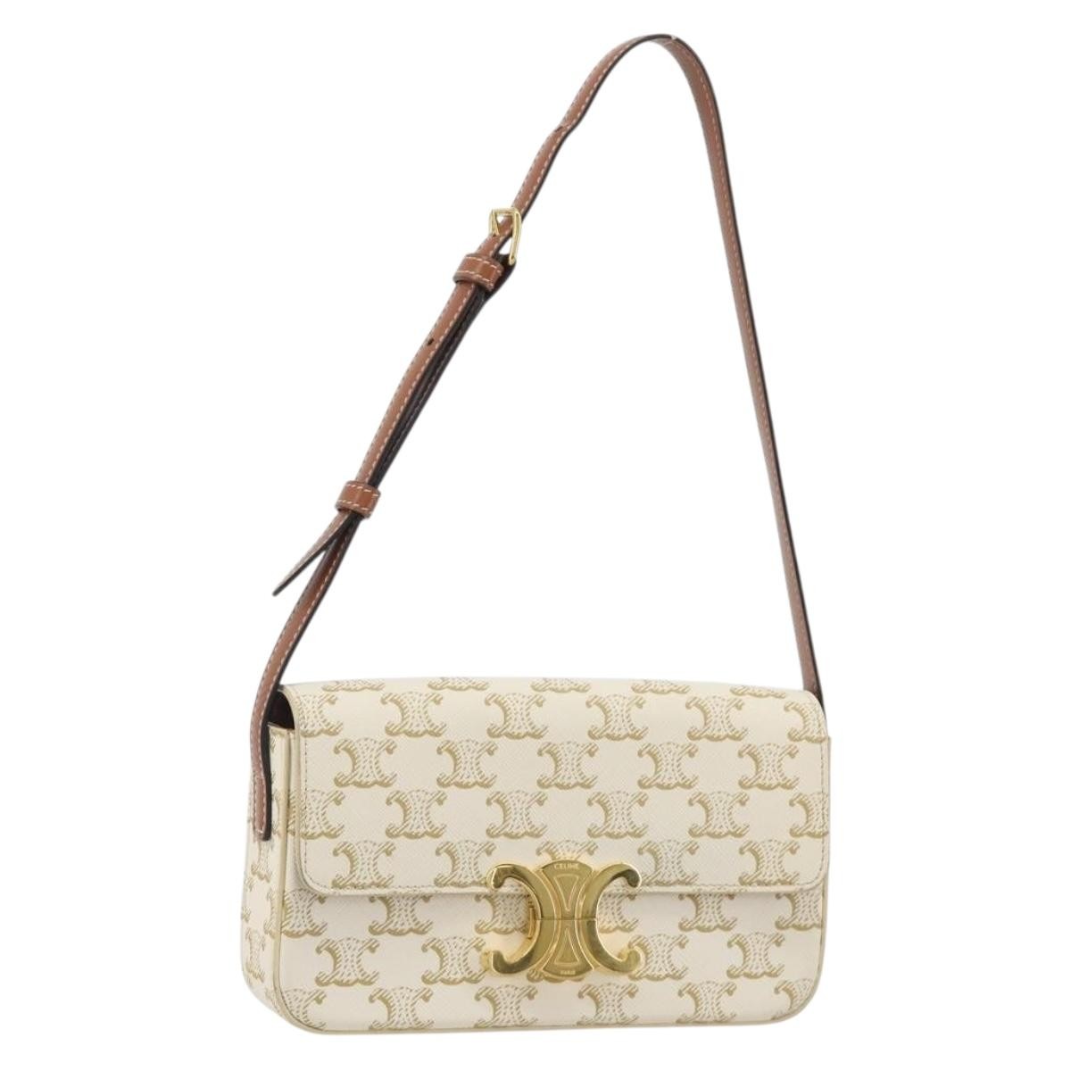 Celine Triomphe Strap Bag Monogram Canvas White Leather Handbag (Pre-Owned)