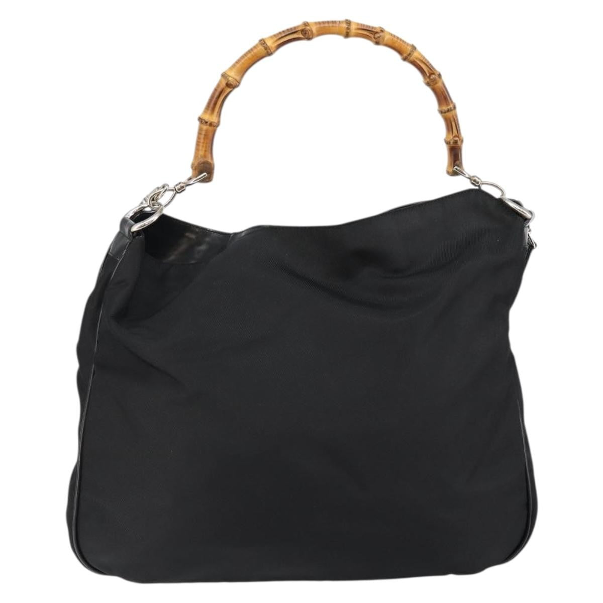 Gucci Vintage Bamboo Handle Open Hobo Nylon Black Nylon Handbag (Pre-Owned)