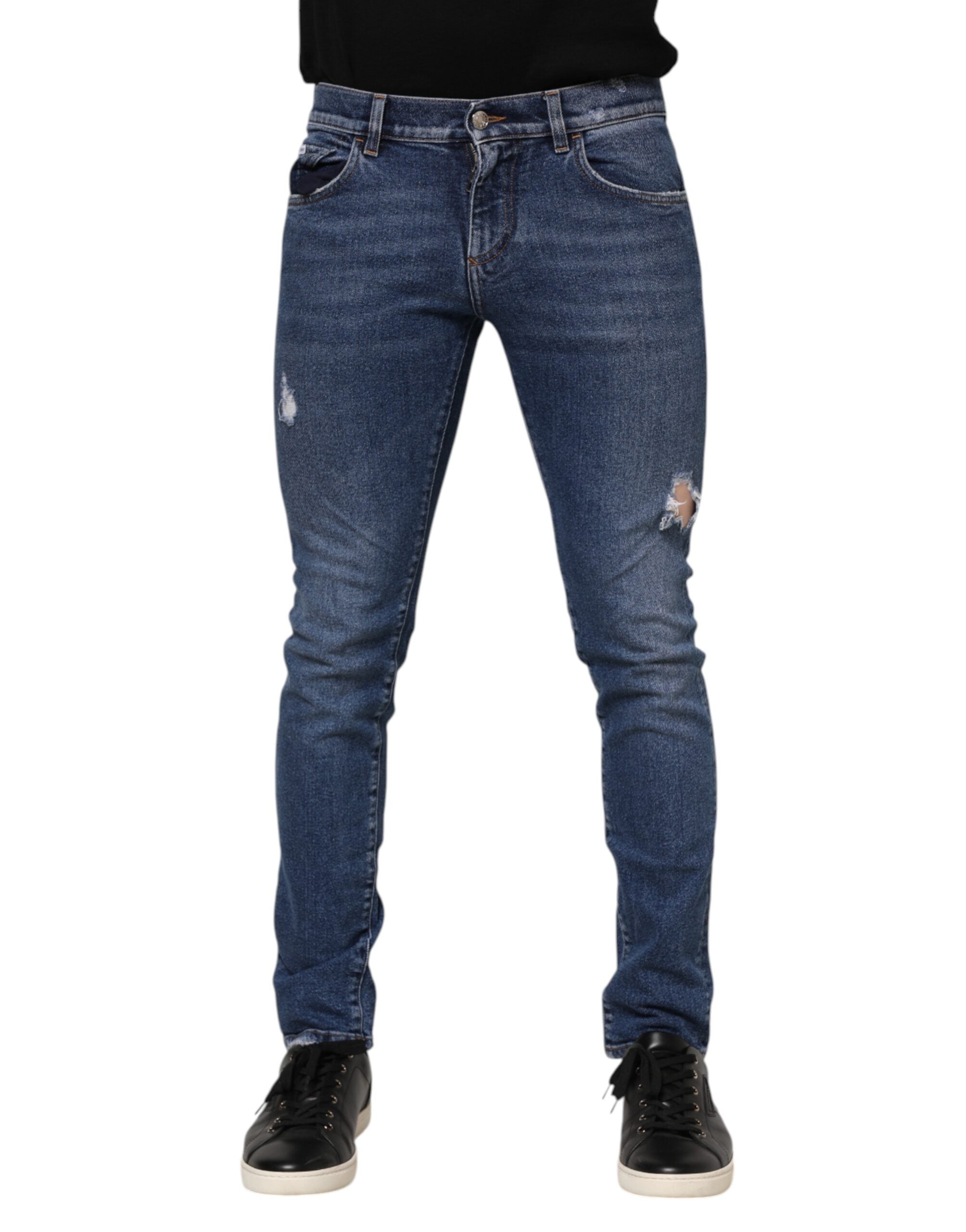 Dolce & Gabbana Blue Washed Skinny Cotton Tattered Denim Men's Jeans