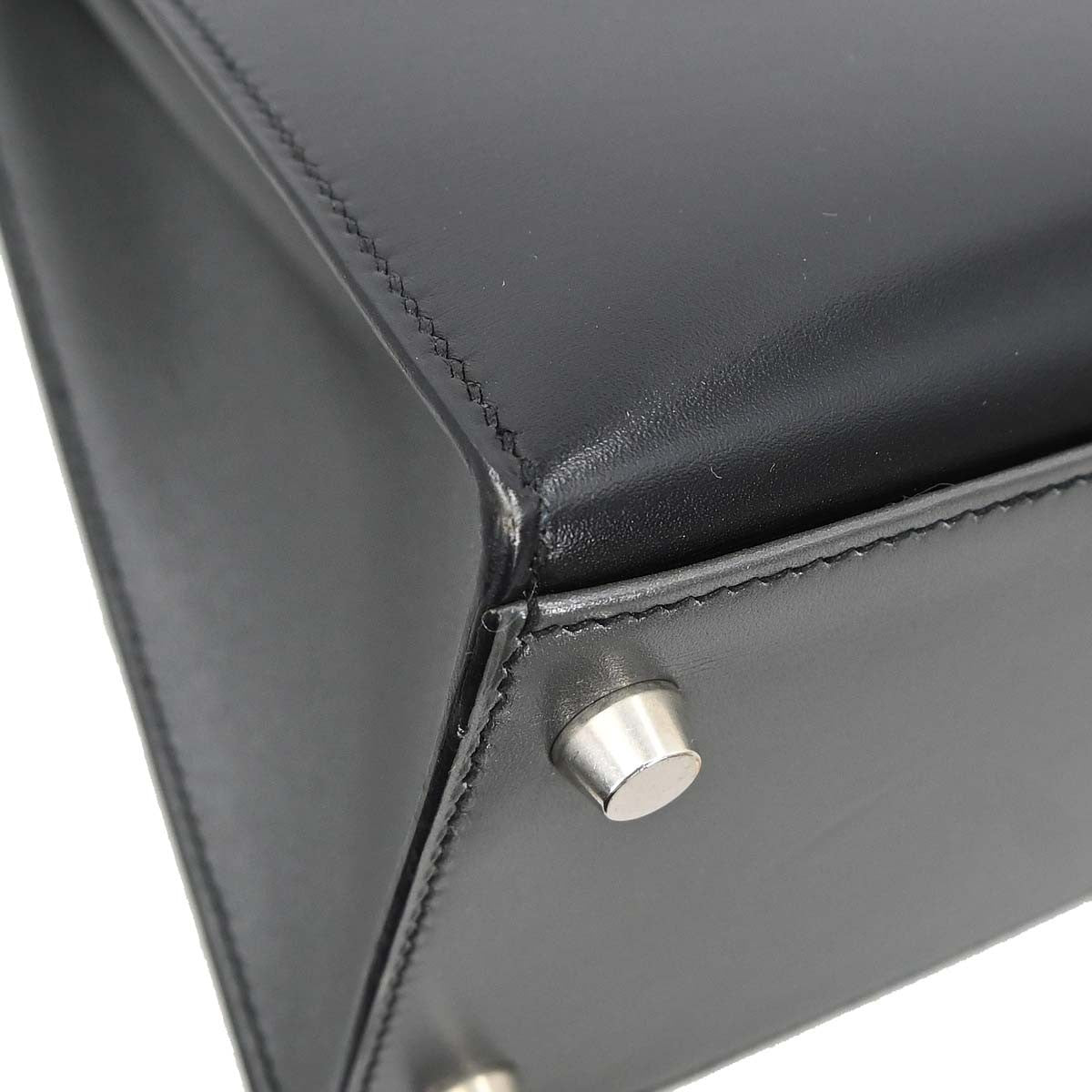 Hermes Kelly Black Box Calf With Palladium Hardware Black Leather Handbag (Pre-Owned)