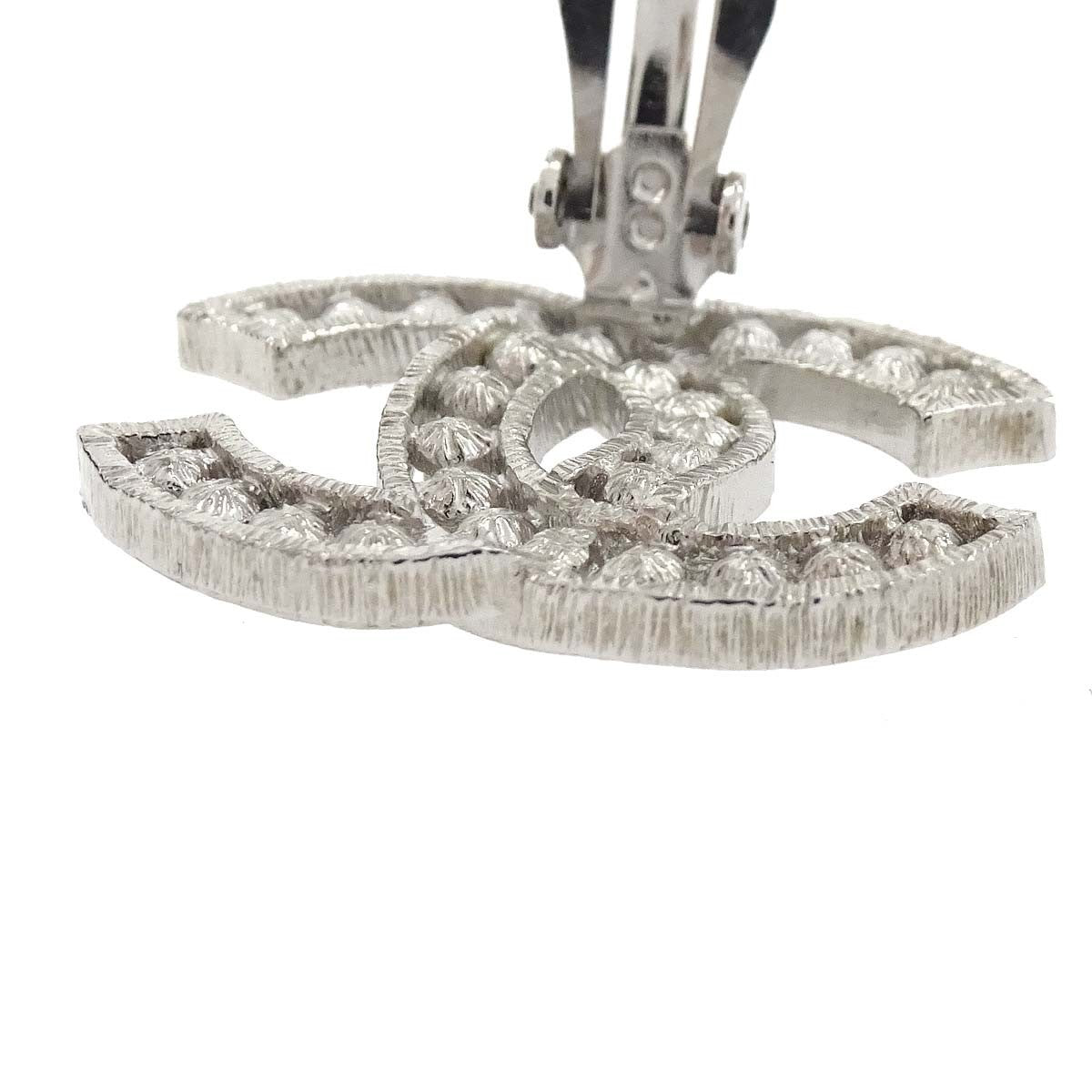 Chanel Cc Clip-On Metal With Crystals And Faux Pearls Silver Silver_Plated Earrings Jewelry (Pre-Owned)
