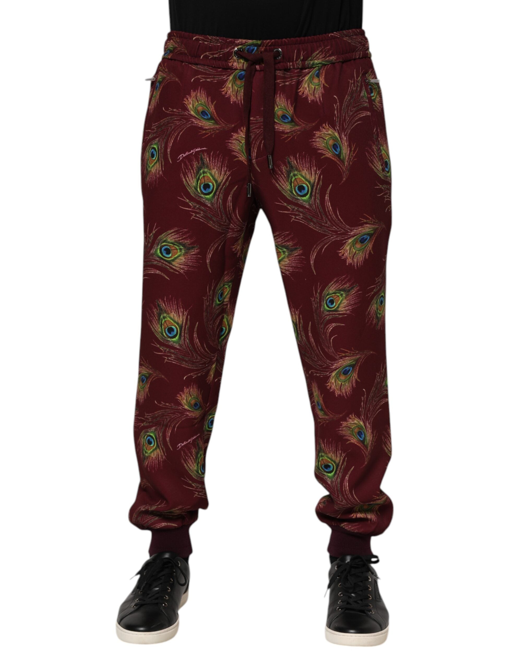 Dolce & Gabbana Burgundy Peacock Feather Print Jogger Men's Pants