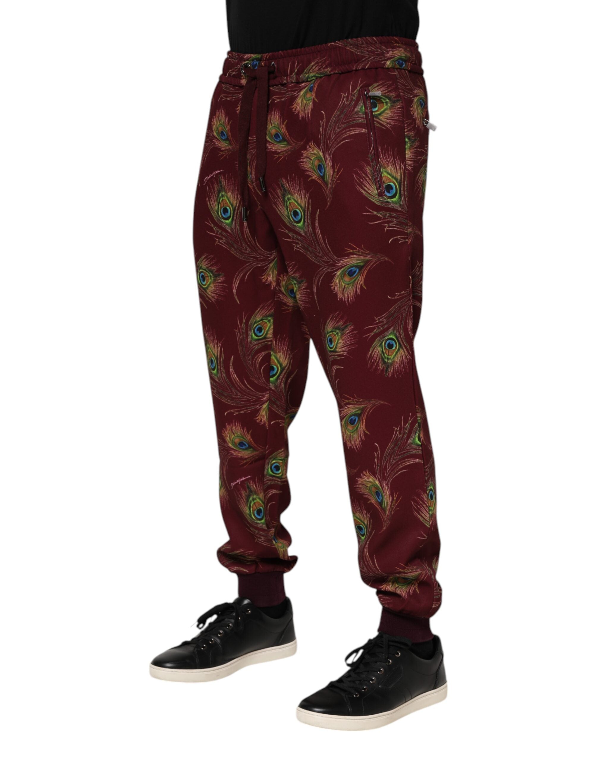 Dolce & Gabbana Burgundy Peacock Feather Print Jogger Men's Pants