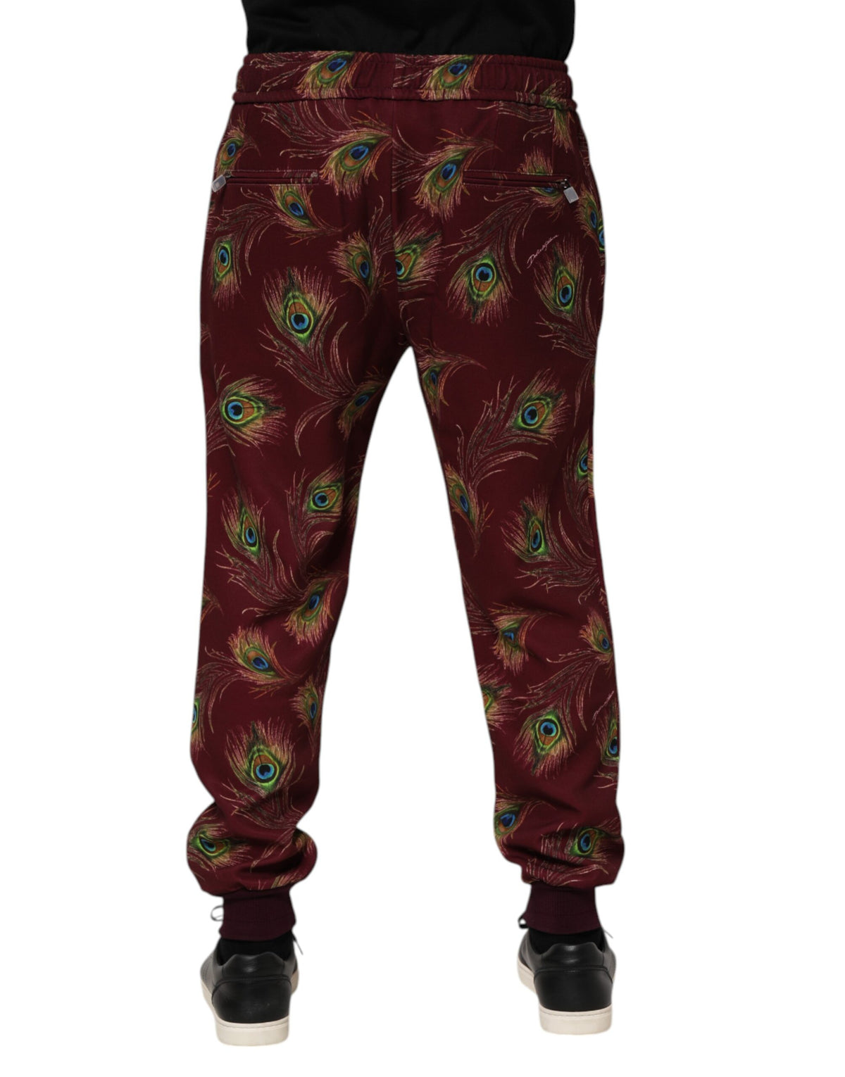 Dolce & Gabbana Burgundy Peacock Feather Print Jogger Men's Pants