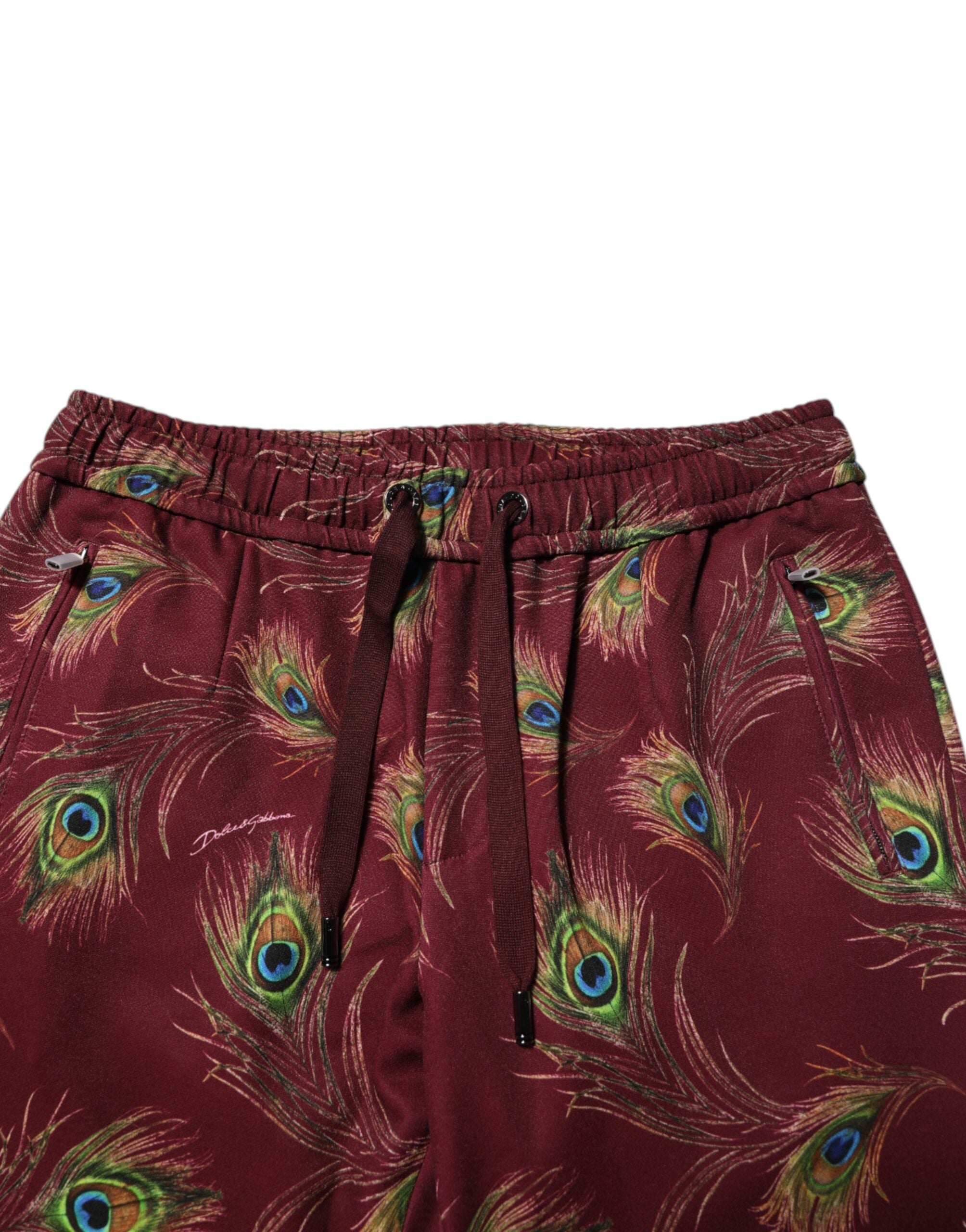 Dolce & Gabbana Burgundy Peacock Feather Print Jogger Men's Pants