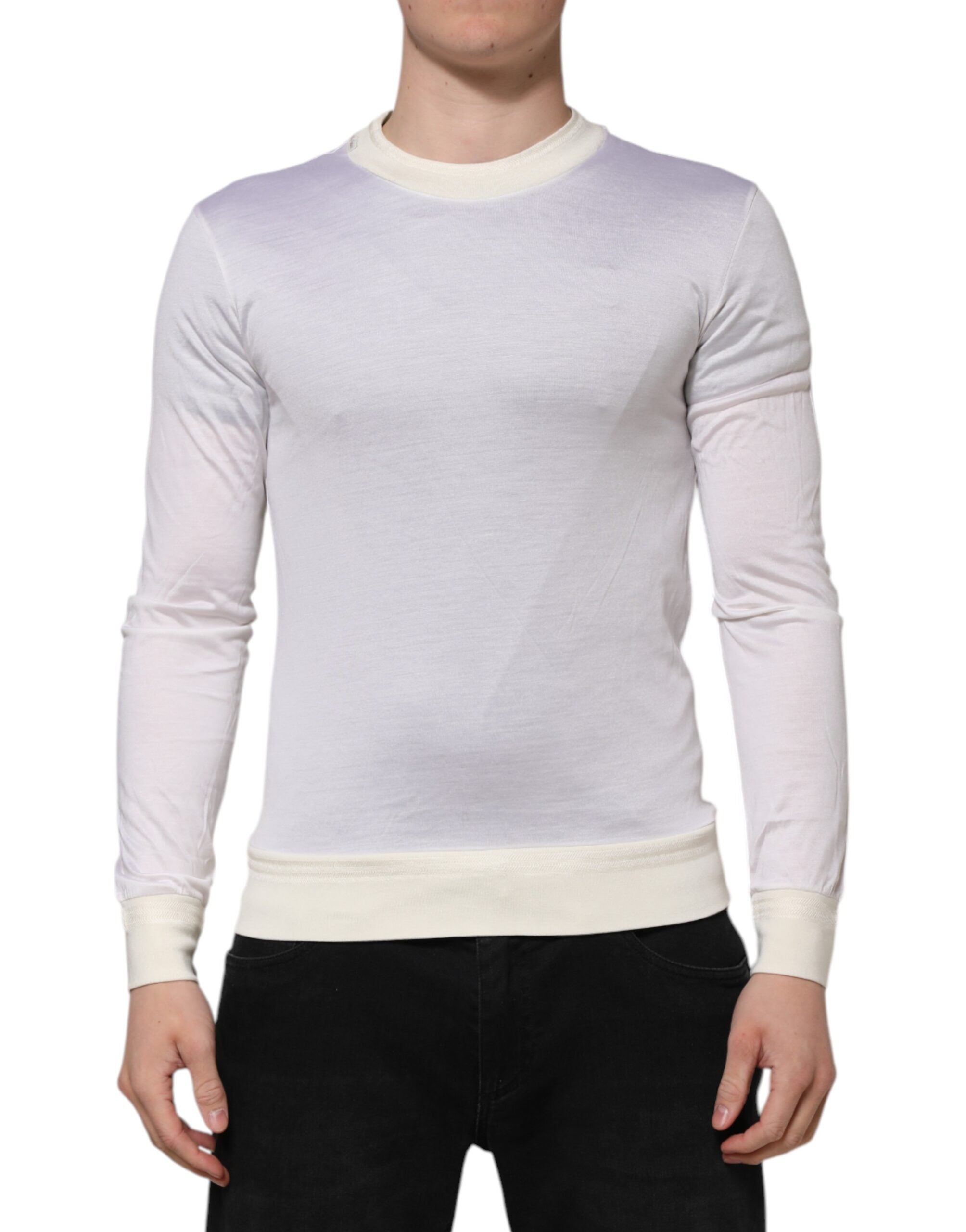 Dolce & Gabbana White Silk Crew Neck Long Sleeves Men's T-shirt
