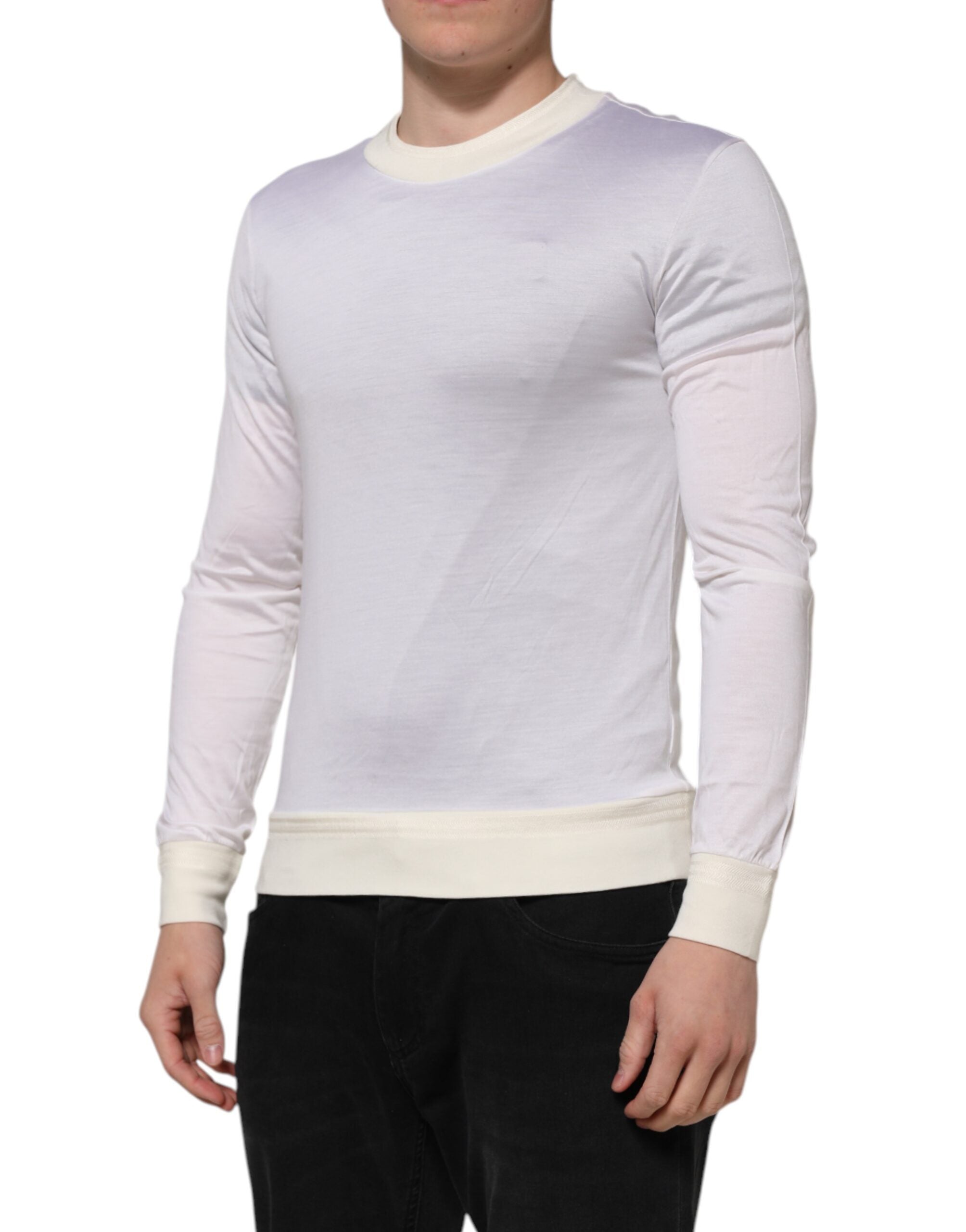 Dolce & Gabbana White Silk Crew Neck Long Sleeves Men's T-shirt