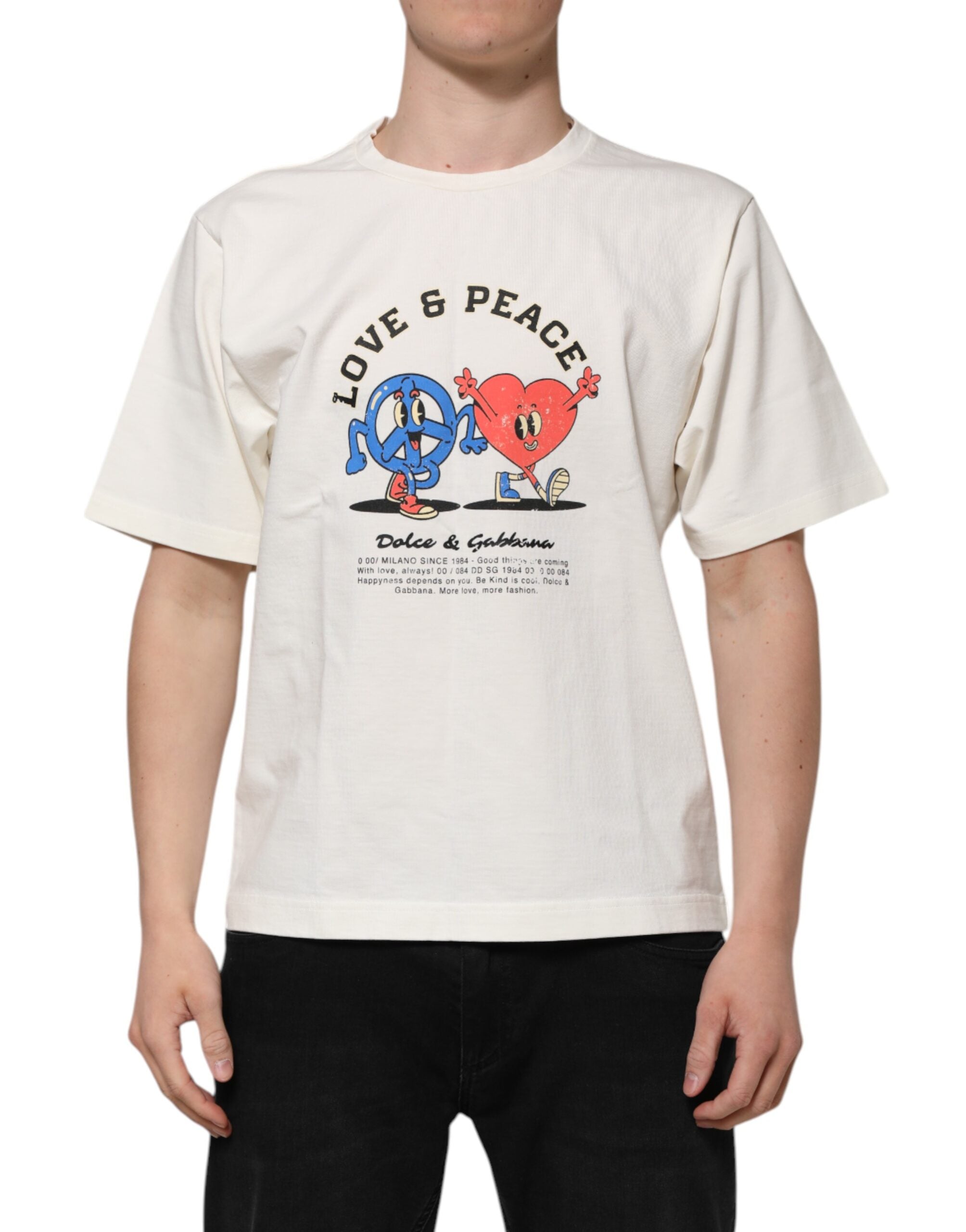 Dolce & Gabbana White Love Peace Cotton Men Crew Neck Men's T-shirt