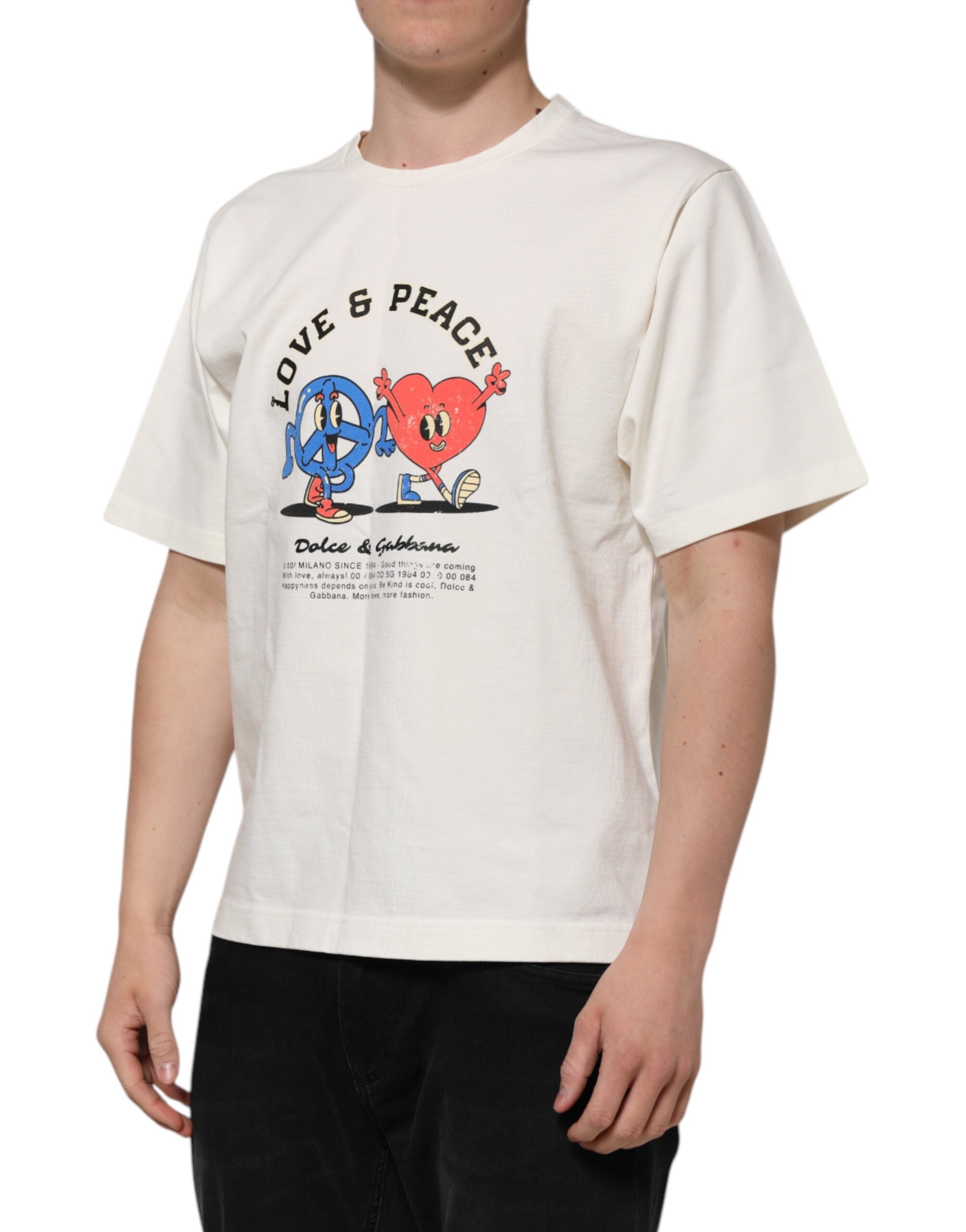 Dolce & Gabbana White Love Peace Cotton Men Crew Neck Men's T-shirt
