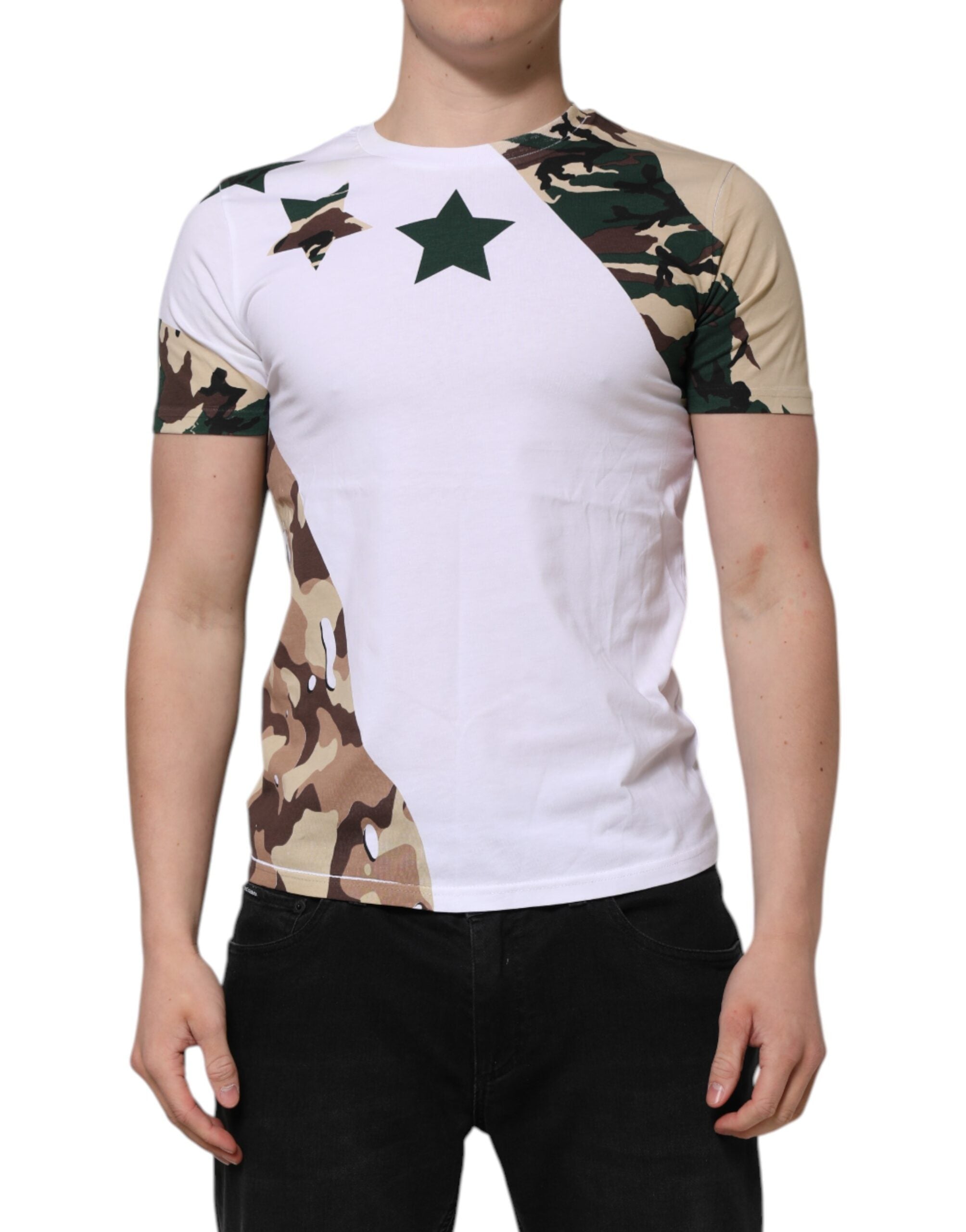 Dolce & Gabbana White Camouflage Cotton Men Crew Neck Men's T-shirt (Pre-Owned)