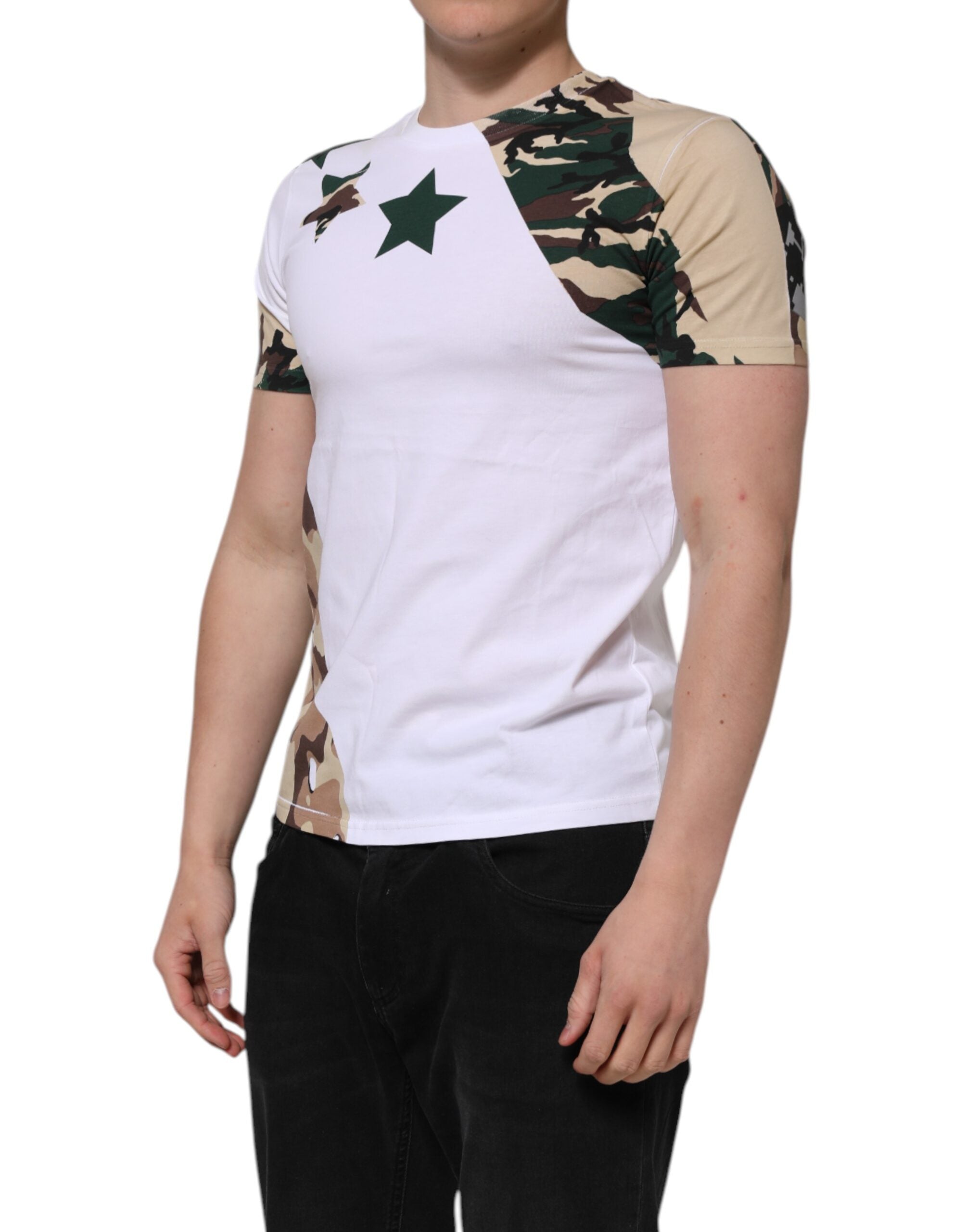 Dolce & Gabbana White Camouflage Cotton Men Crew Neck Men's T-shirt (Pre-Owned)