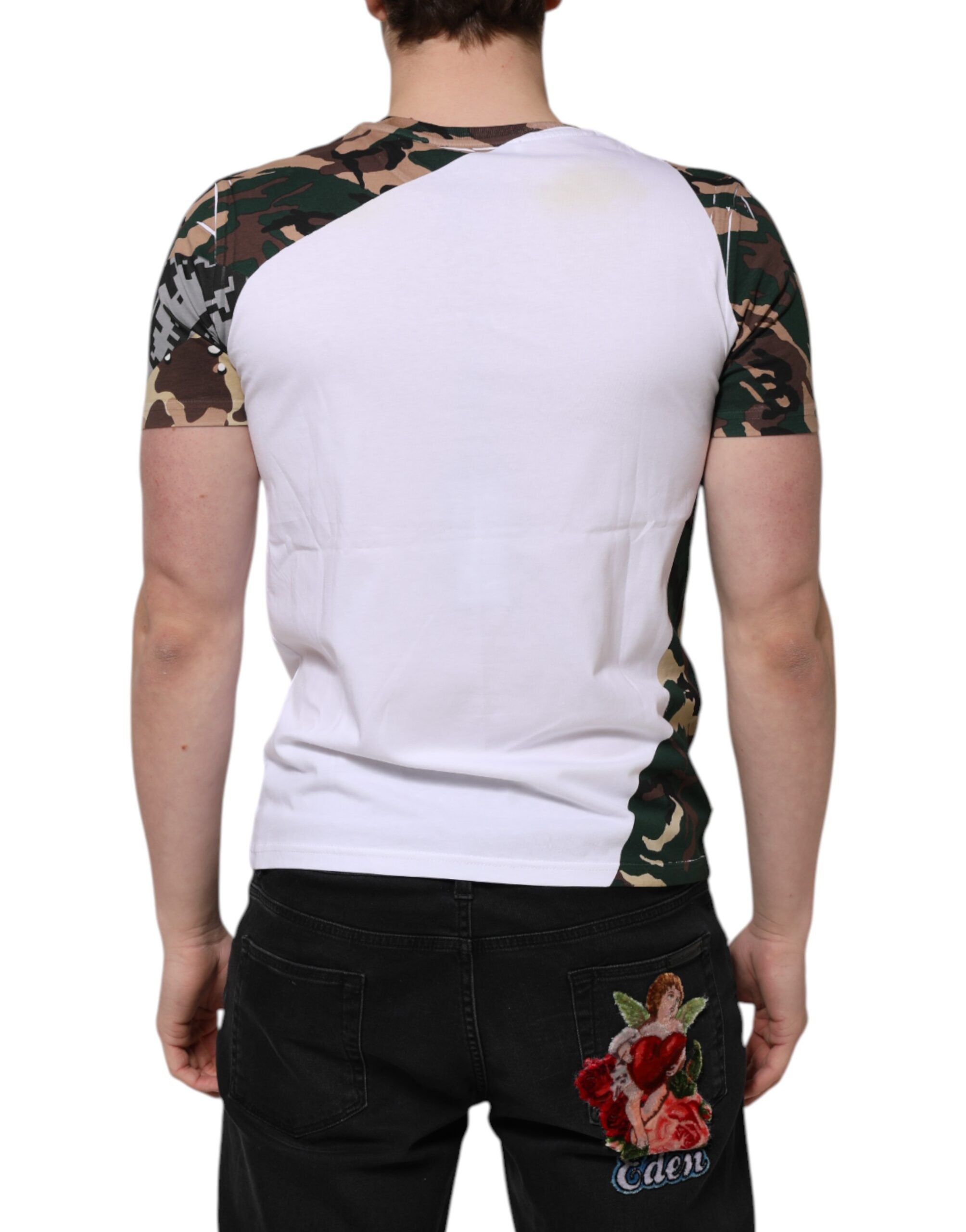 Dolce & Gabbana White Camouflage Cotton Men Crew Neck Men's T-shirt (Pre-Owned)
