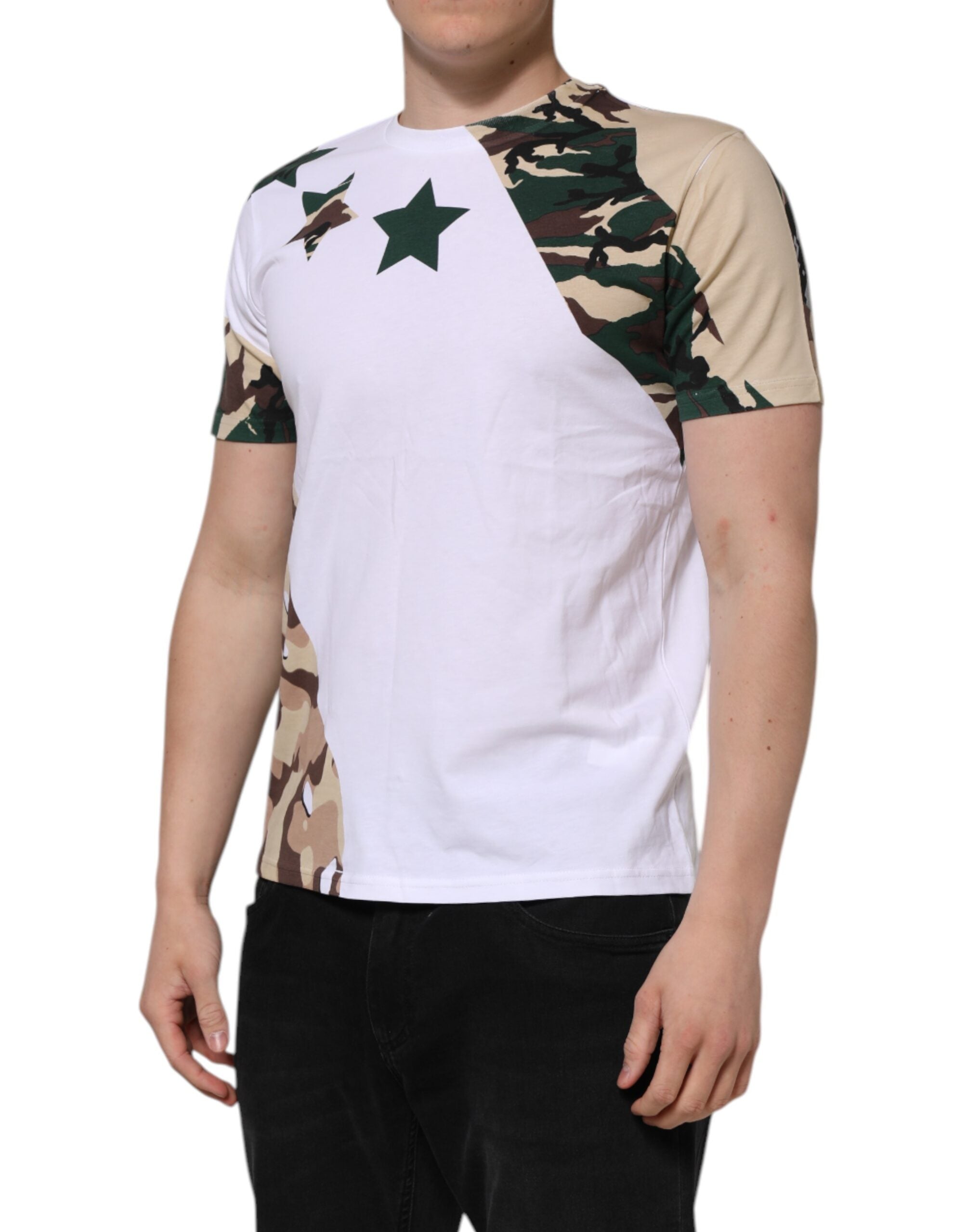 Dolce & Gabbana White Camouflage Cotton Men Crew Neck Men's T-shirt (Pre-Owned)