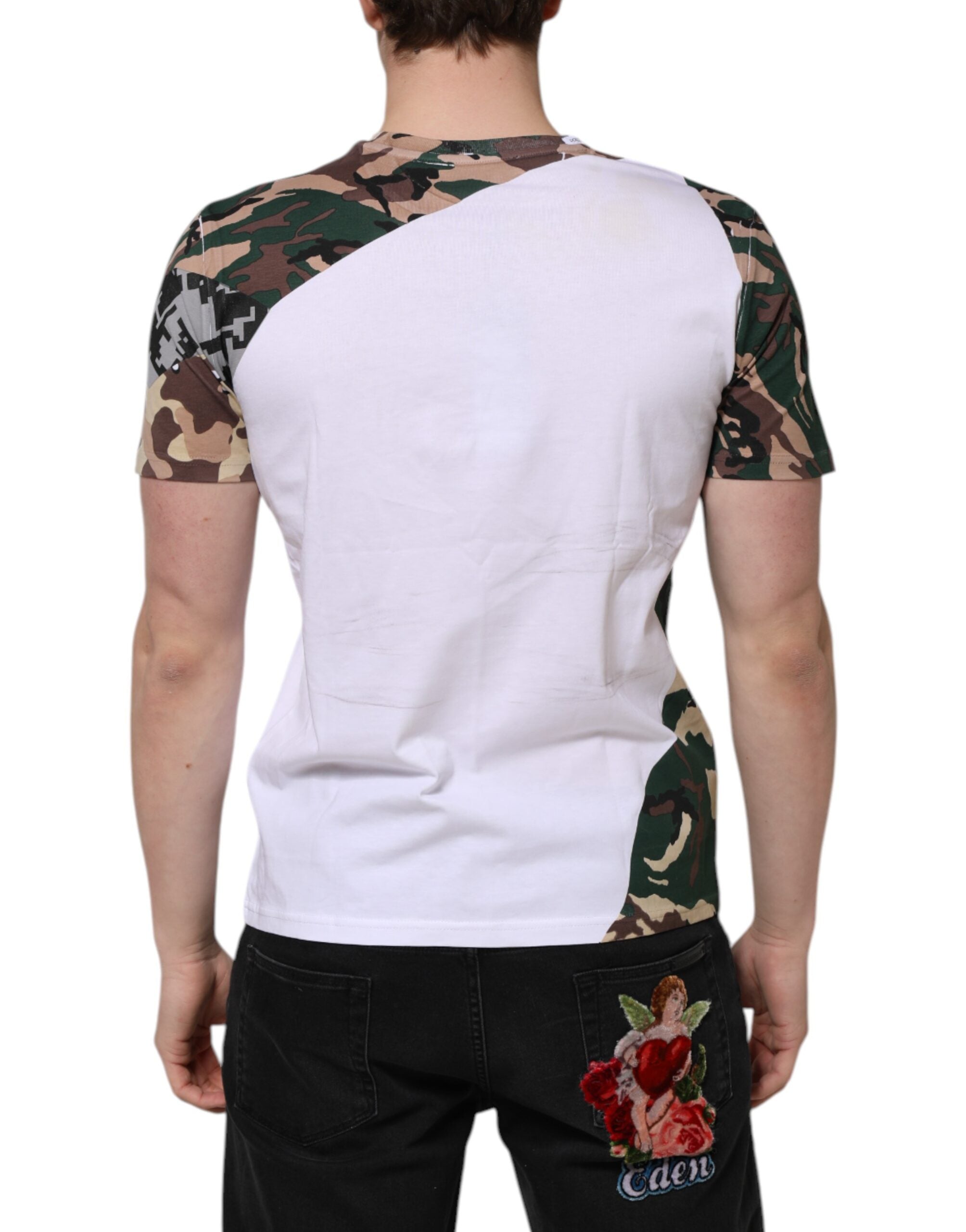 Dolce & Gabbana White Camouflage Cotton Men Crew Neck Men's T-shirt (Pre-Owned)