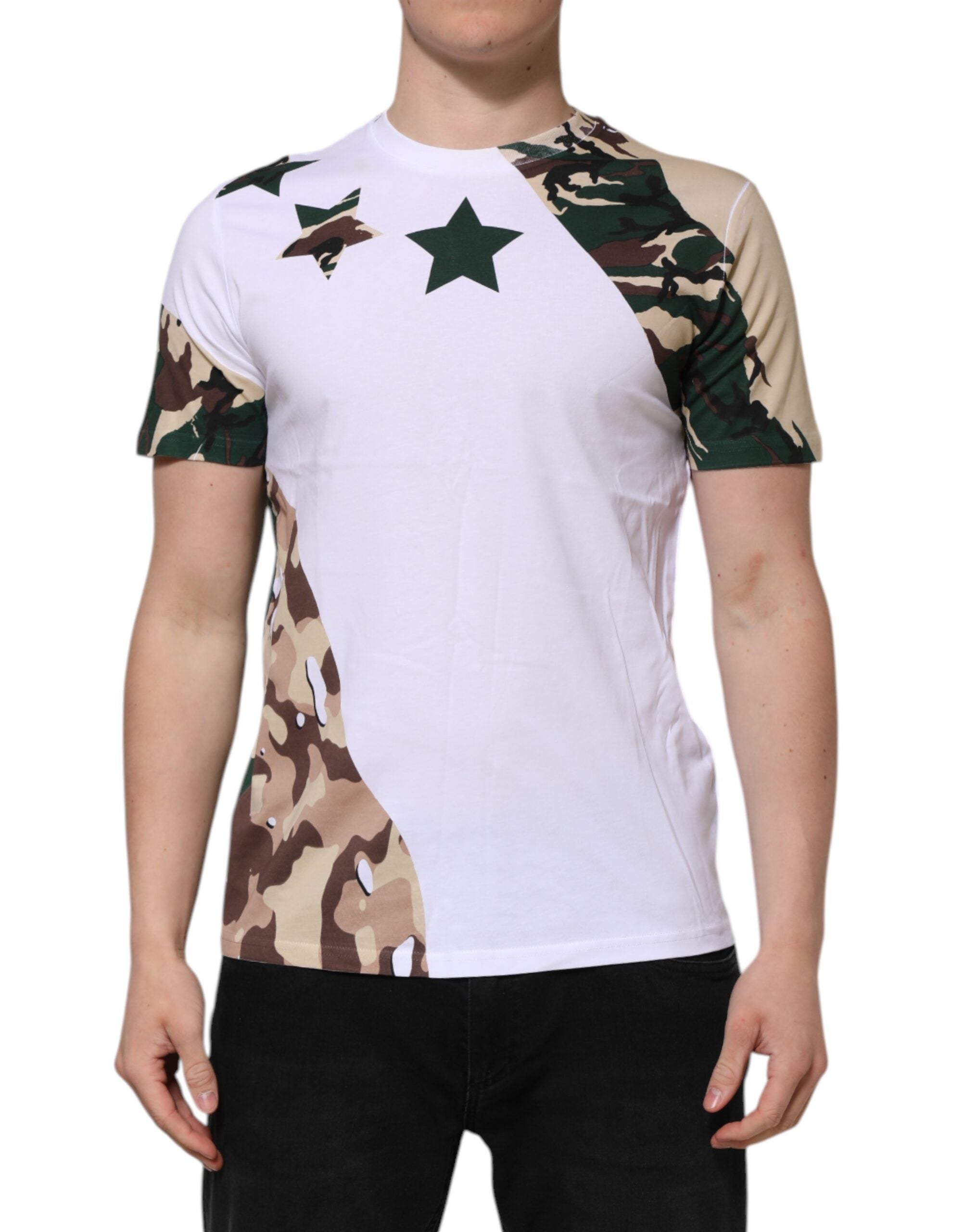 Dolce & Gabbana White Camouflage Cotton Men Crew Neck Men's T-shirt (Pre-Owned)