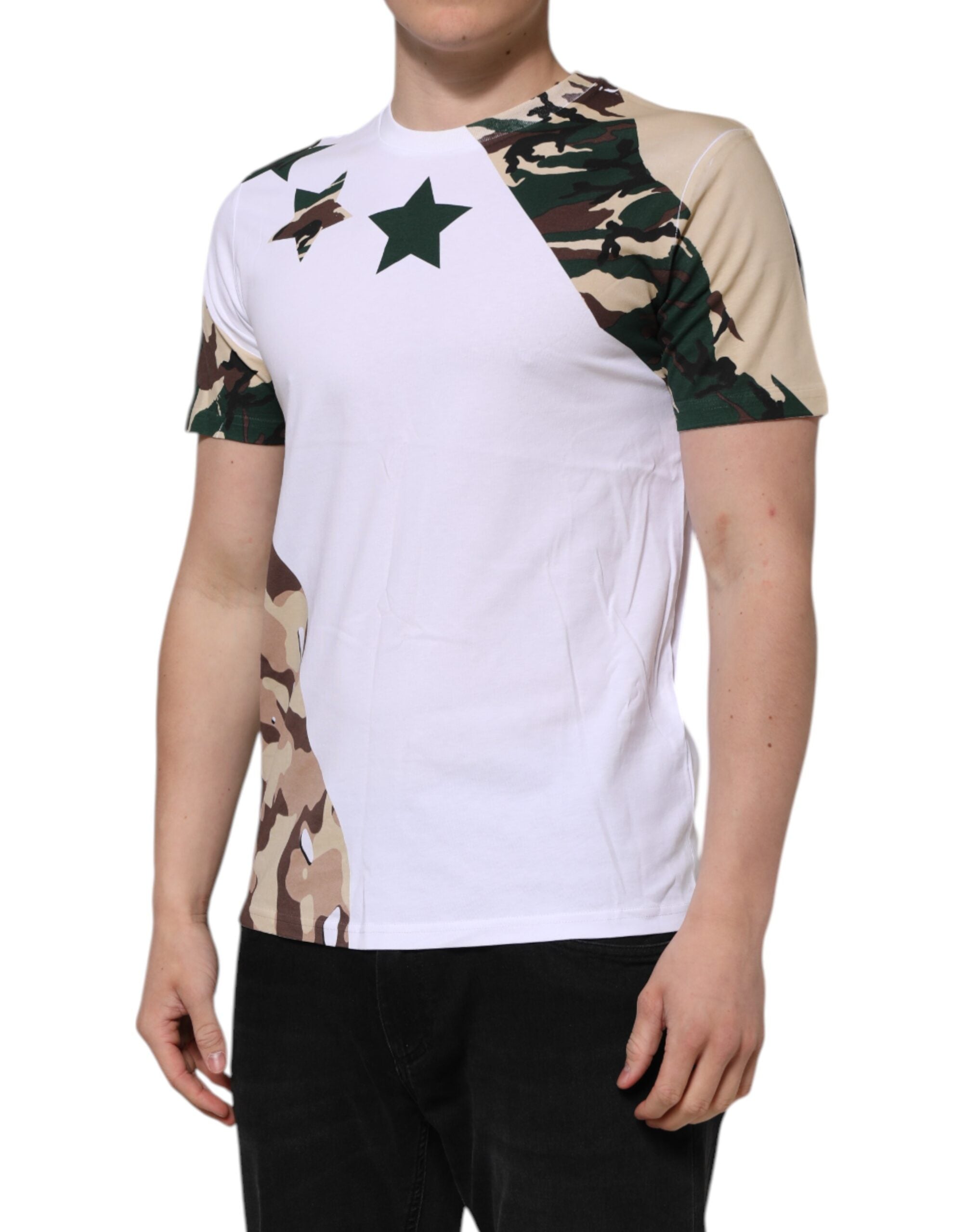 Dolce & Gabbana White Camouflage Cotton Men Crew Neck Men's T-shirt (Pre-Owned)