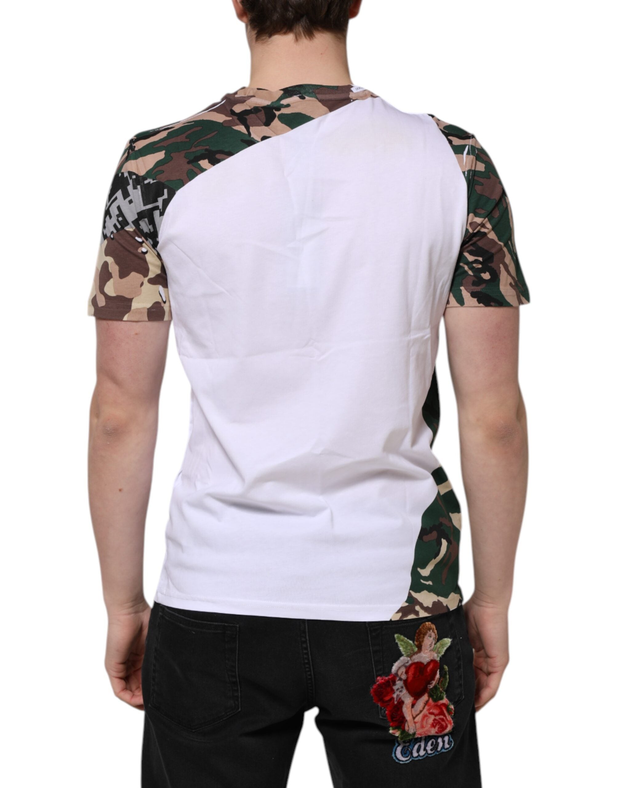 Dolce & Gabbana White Camouflage Cotton Men Crew Neck Men's T-shirt (Pre-Owned)
