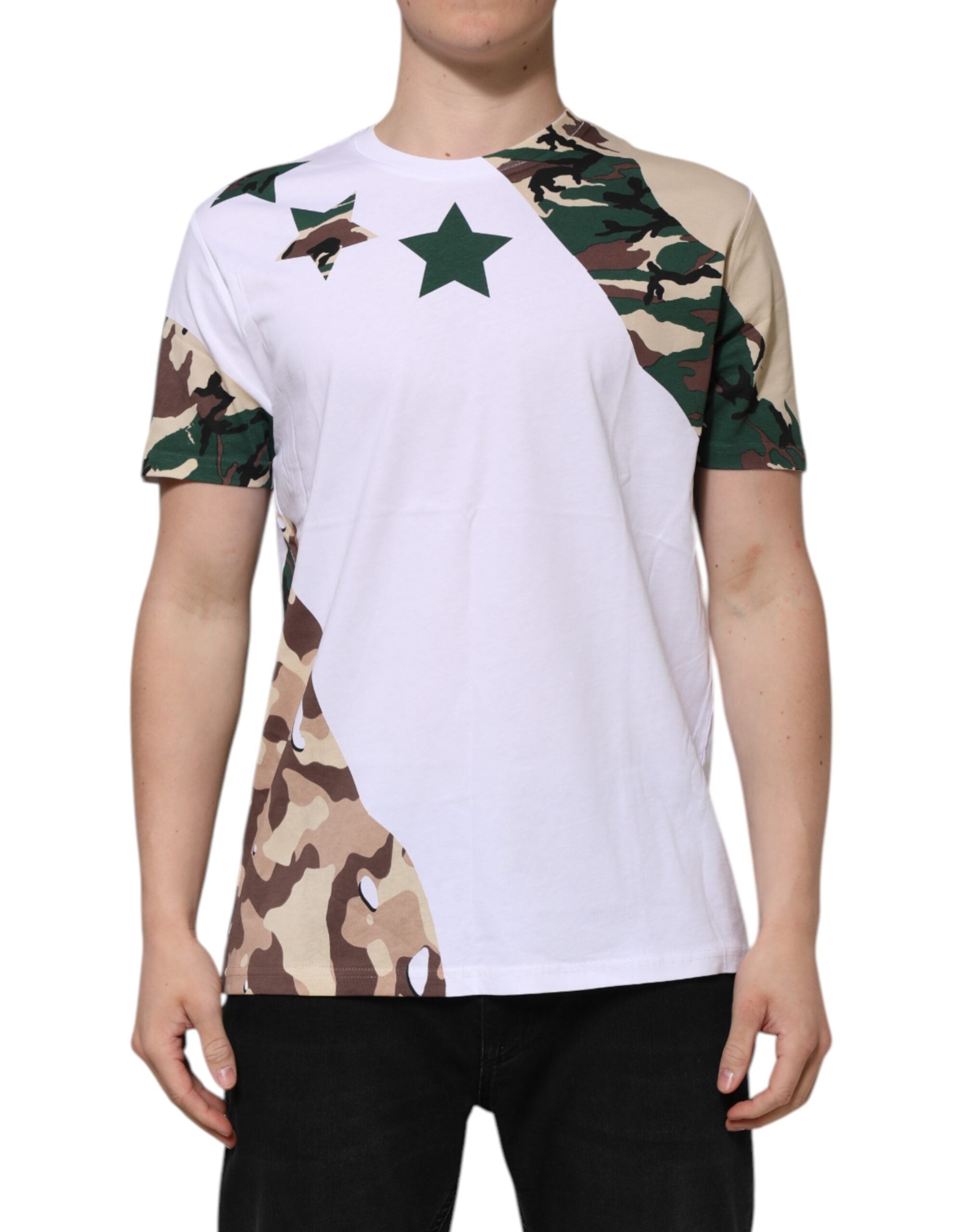 Dolce & Gabbana White Camouflage Cotton Men Crew Neck Men's T-shirt