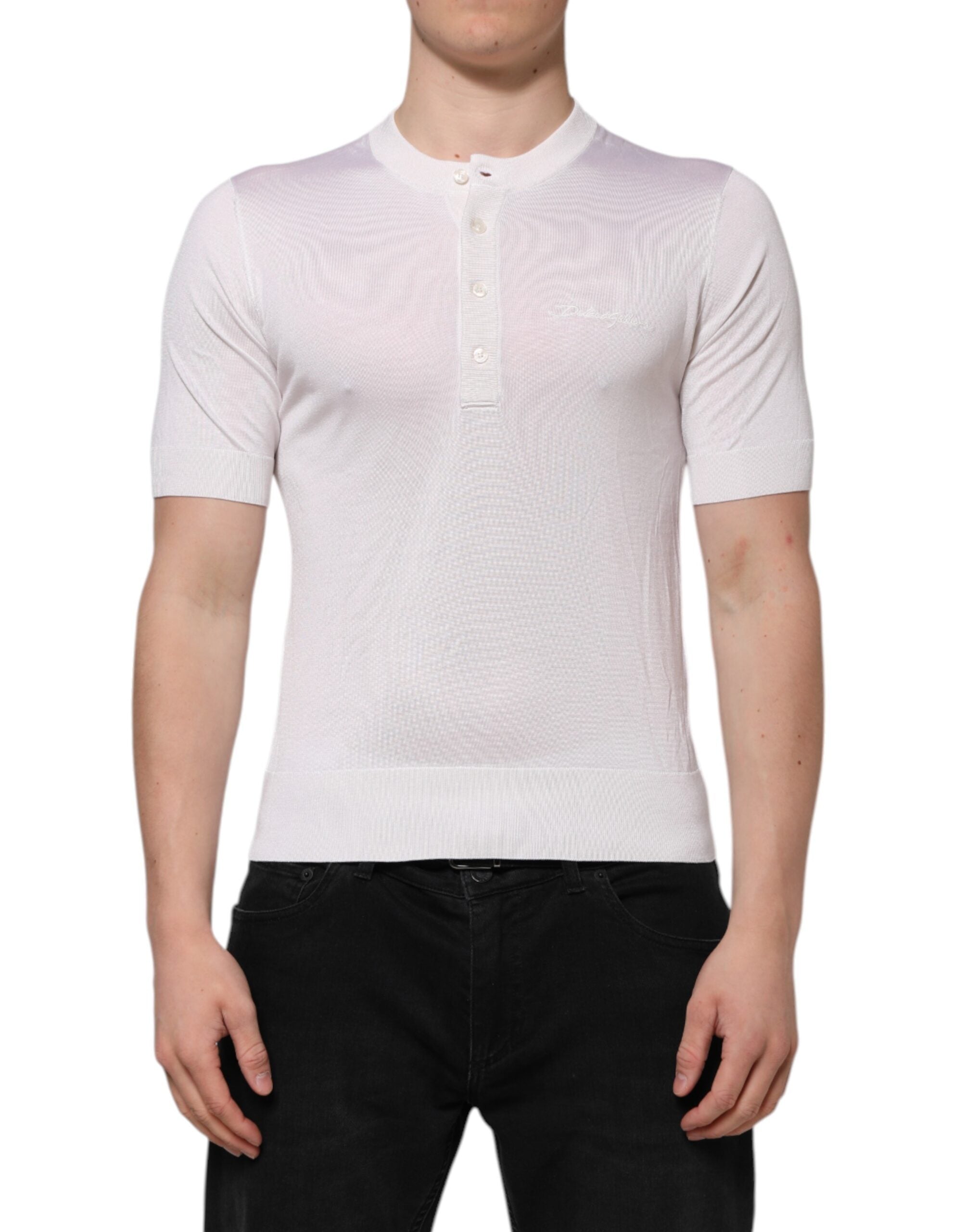 Dolce & Gabbana White Silk Short Sleeves Men Henley Men's T-shirt (Pre-Owned)
