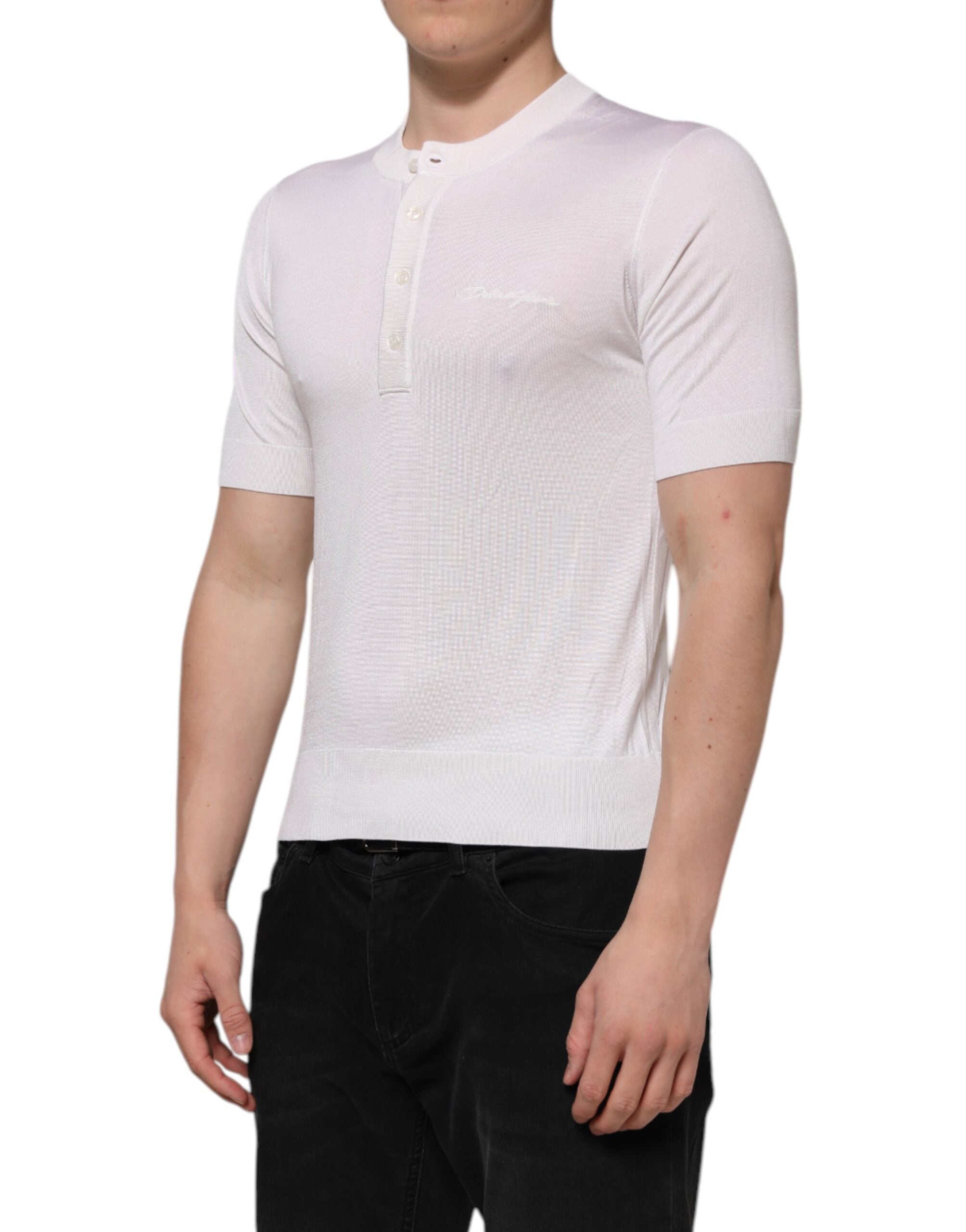 Dolce & Gabbana White Silk Short Sleeves Men Henley Men's T-shirt (Pre-Owned)