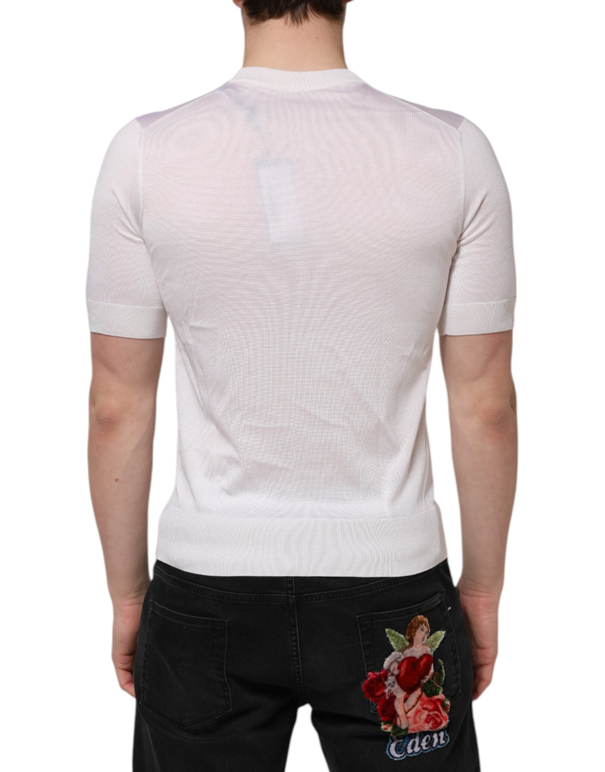 Dolce & Gabbana White Silk Short Sleeves Men Henley Men's T-shirt (Pre-Owned)