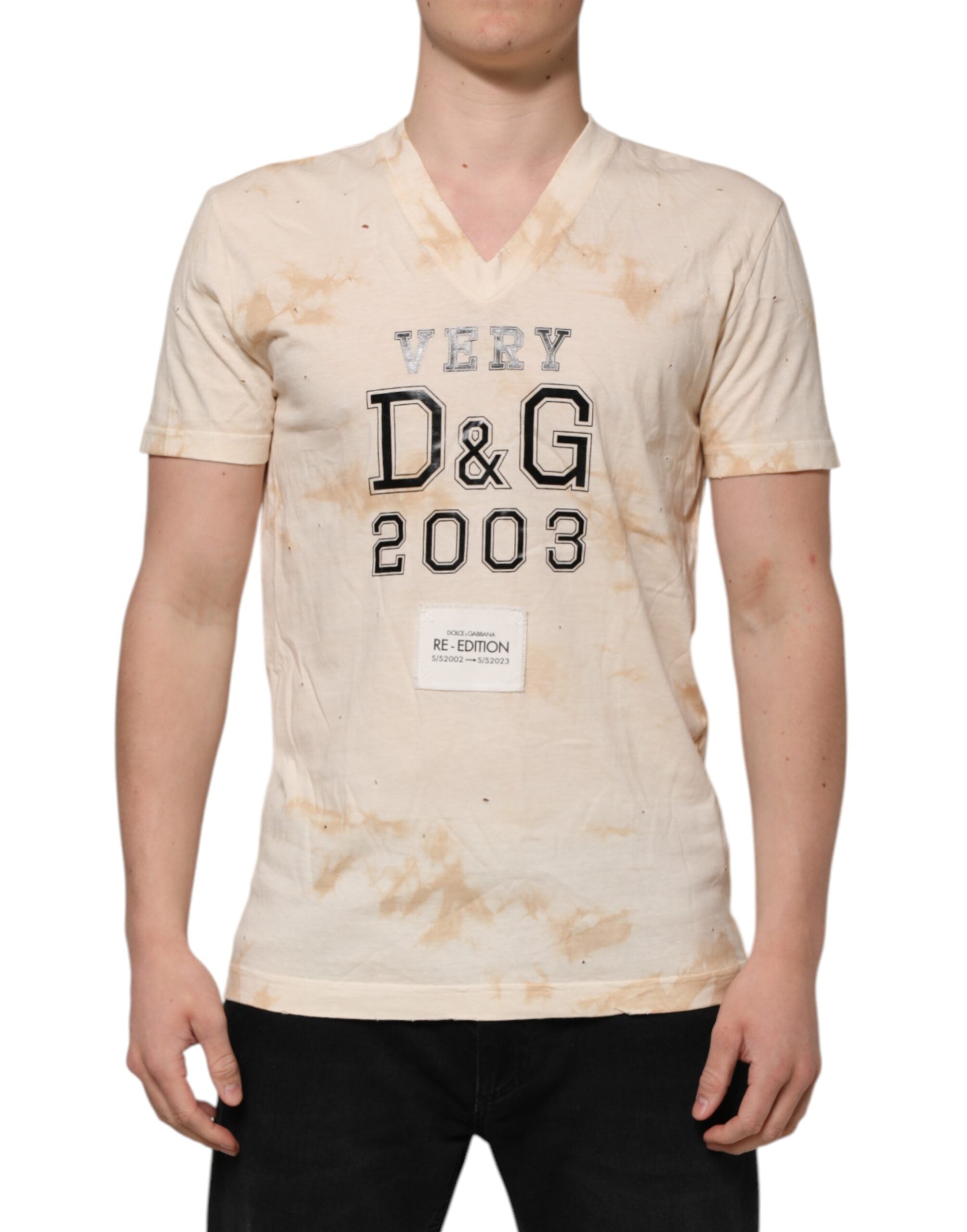 Dolce & Gabbana Beige Logo Print Short Sleeve V-neck Men's T-shirt