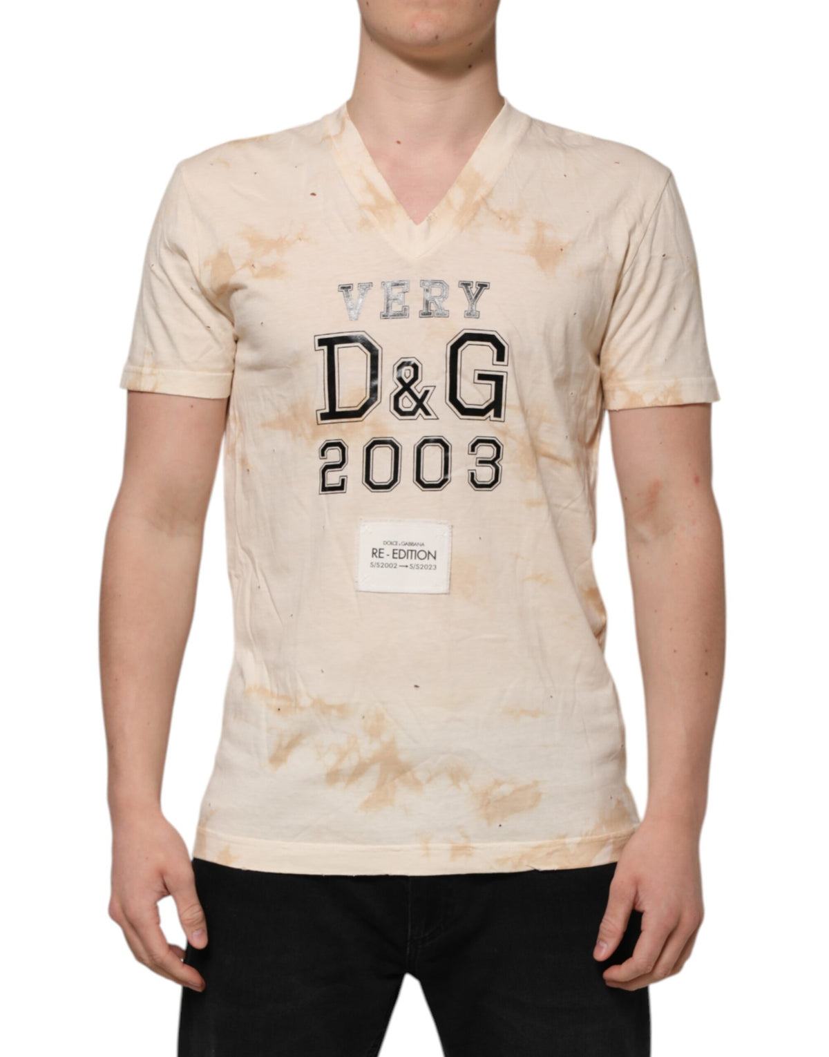 Dolce & Gabbana Beige Logo Print Short Sleeve V-neck Men's T-shirt