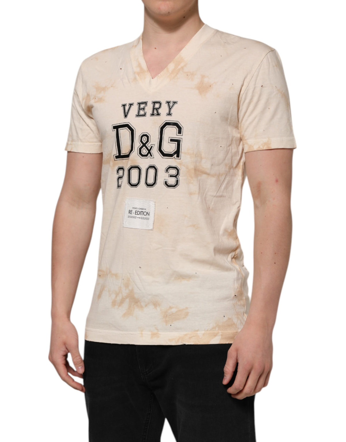 Dolce & Gabbana Beige Logo Print Short Sleeve V-neck Men's T-shirt