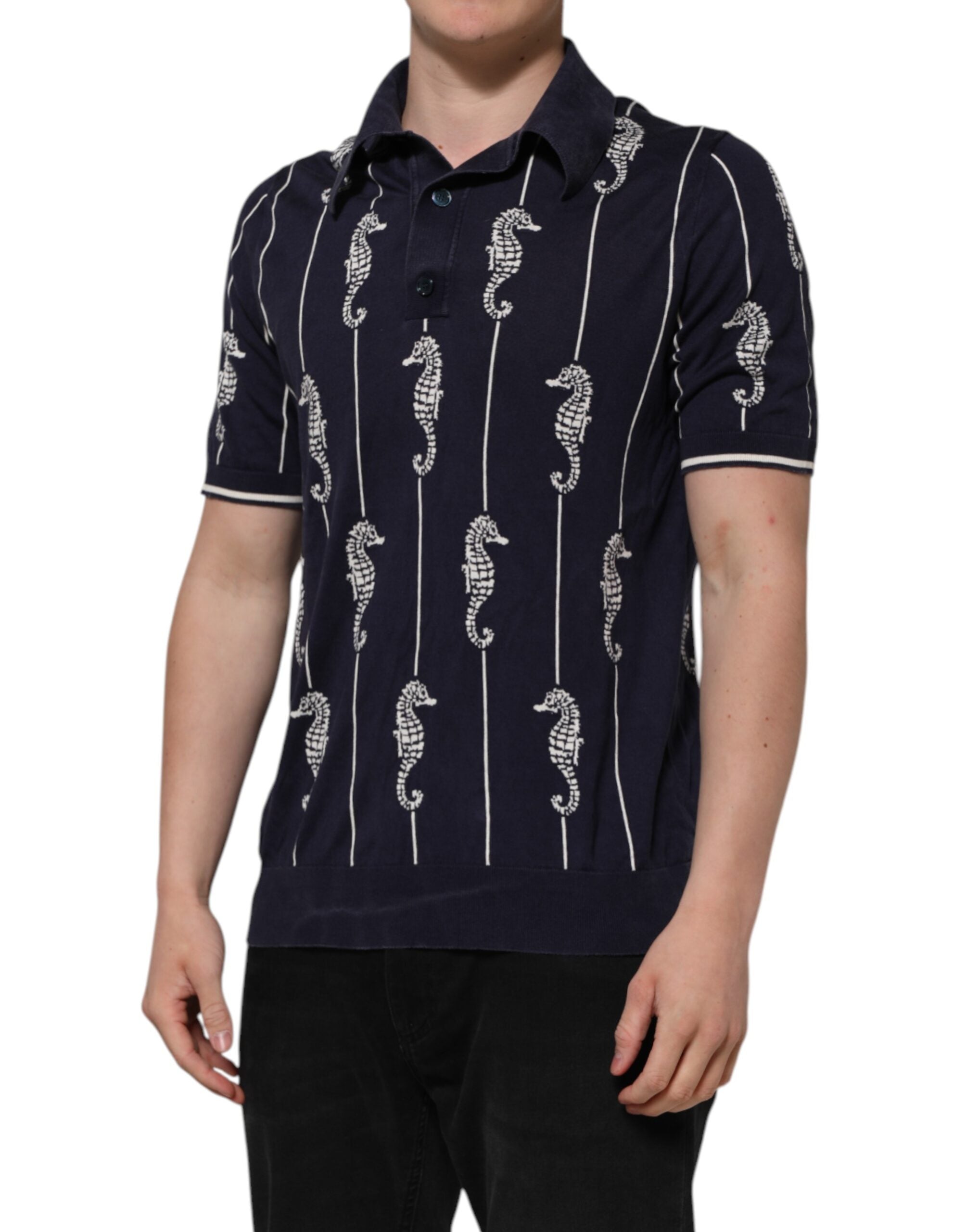 Dolce & Gabbana Dark Blue Sea Horse Collared Polo Men's T-shirt (Pre-Owned)
