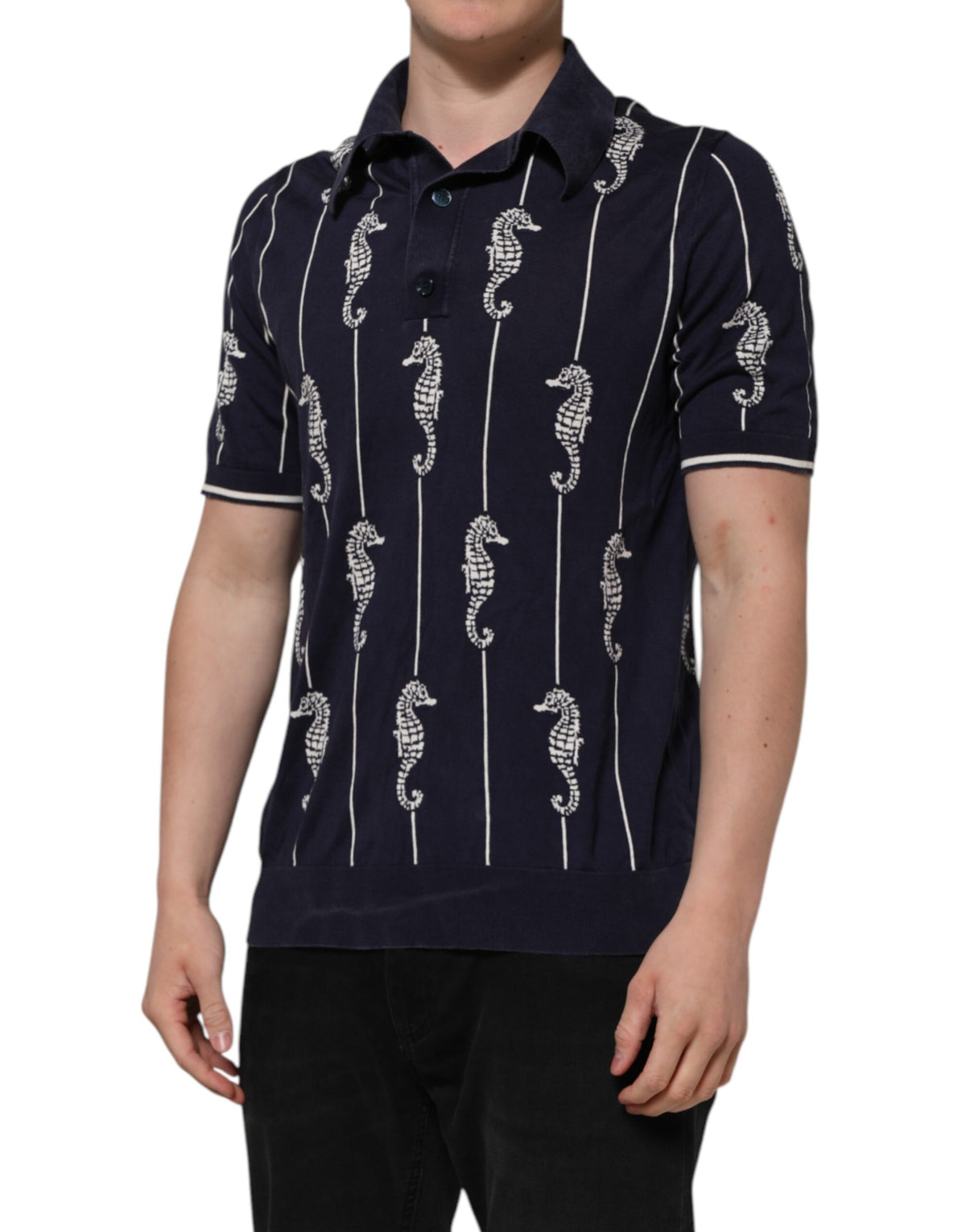 Dolce & Gabbana Dark Blue Sea Horse Collared Polo Men's T-shirt (Pre-Owned)