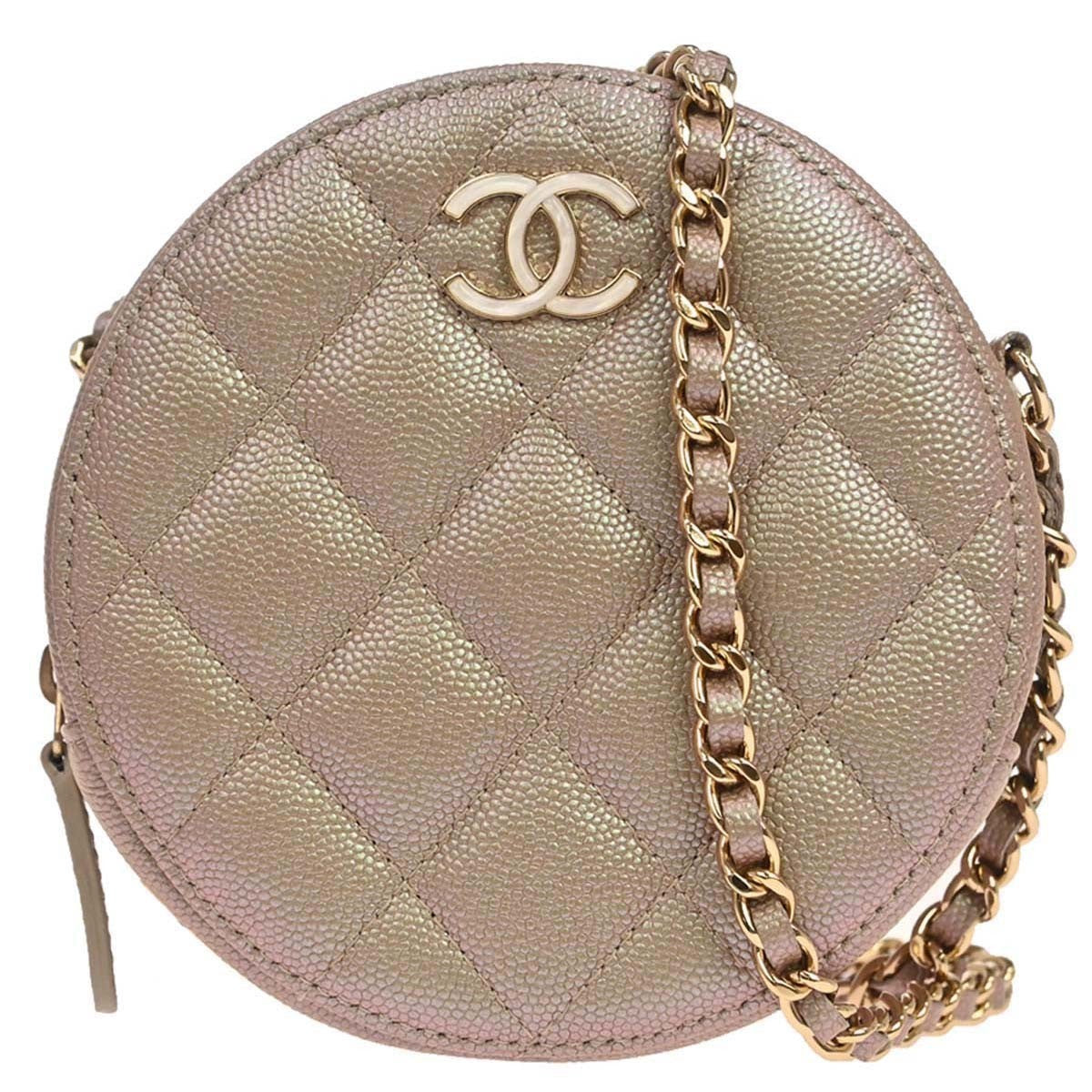 Chanel Round Chain Quilted Caviar Beige Leather Shoulder Bag Bag (Pre-Owned)