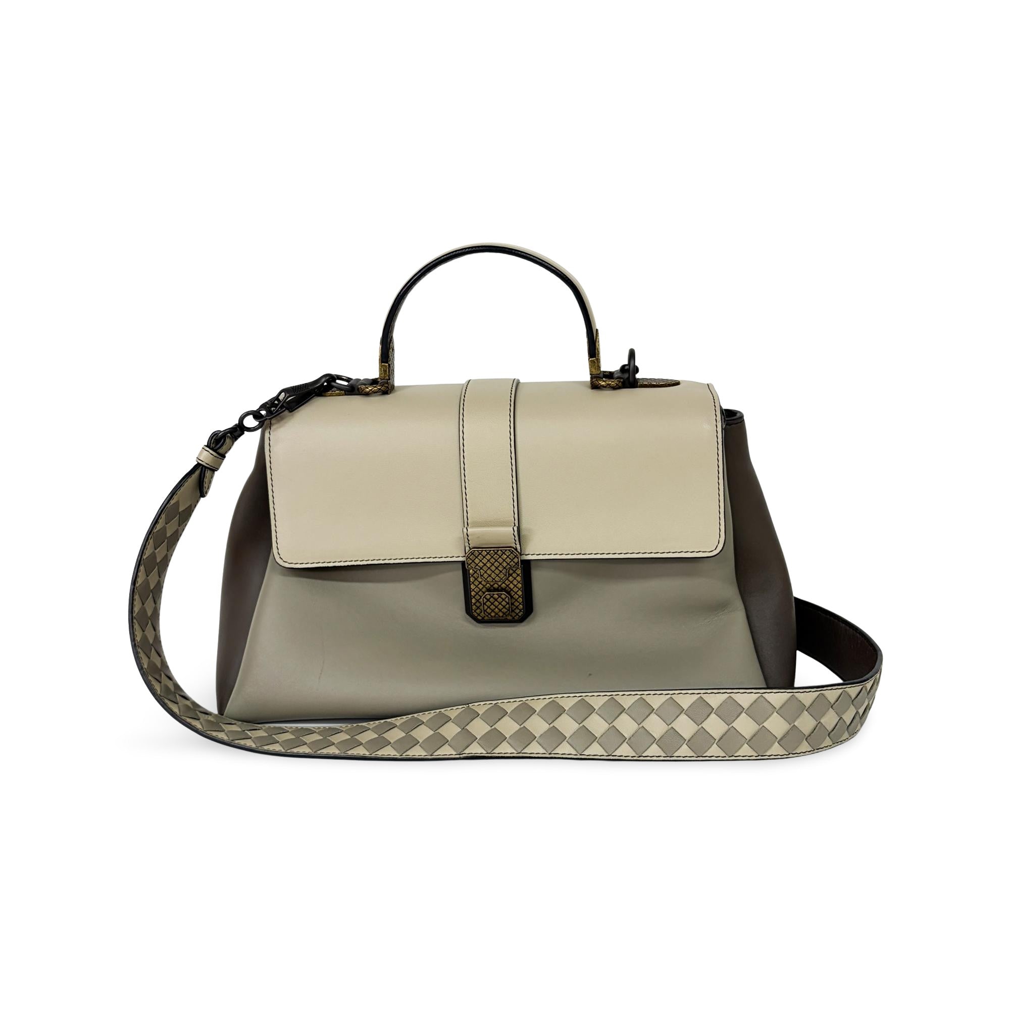 Bottega Veneta Piazza Top Handle Leather With Intrecciato Detail Gray Leather Handbag (Pre-Owned)