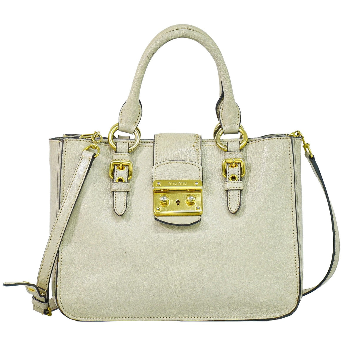Miu Miu Madras Convertible Lock Leather Beige Leather Tote Bag Bag (Pre-Owned)